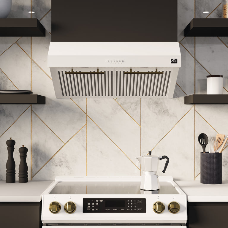 FORNO Espresso Package - 30" Electric Range, Range Hood and Dishwasher in White with Stainless Steel Handles