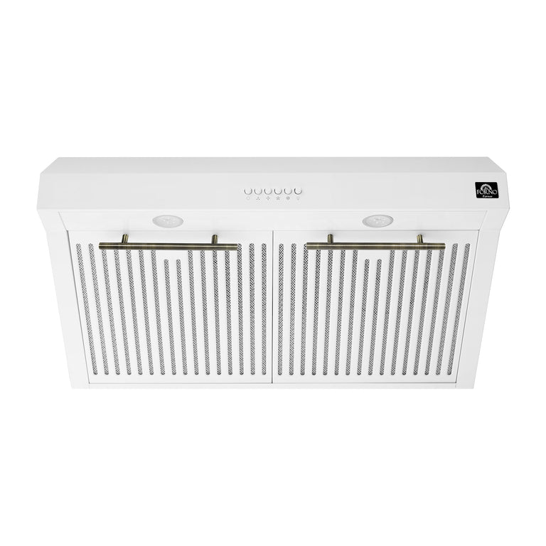 FORNO Espresso Package - 30" Electric Range, Range Hood and Refrigerator in White with Antique Brass Handles, FBDL-001-03US