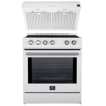 FORNO Espresso Package - 30" Induction Range and Under Cabinet Range Hood in White with Stainless Steel Accents