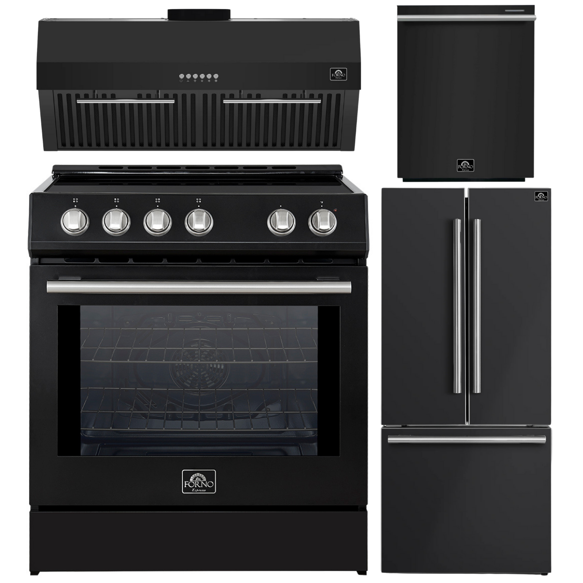 FORNO Espresso Package - 30" Induction Range, Range Hood, 30" Refrigerator with Ice Maker and Dishwasher in Black with Stainless Steel Accents