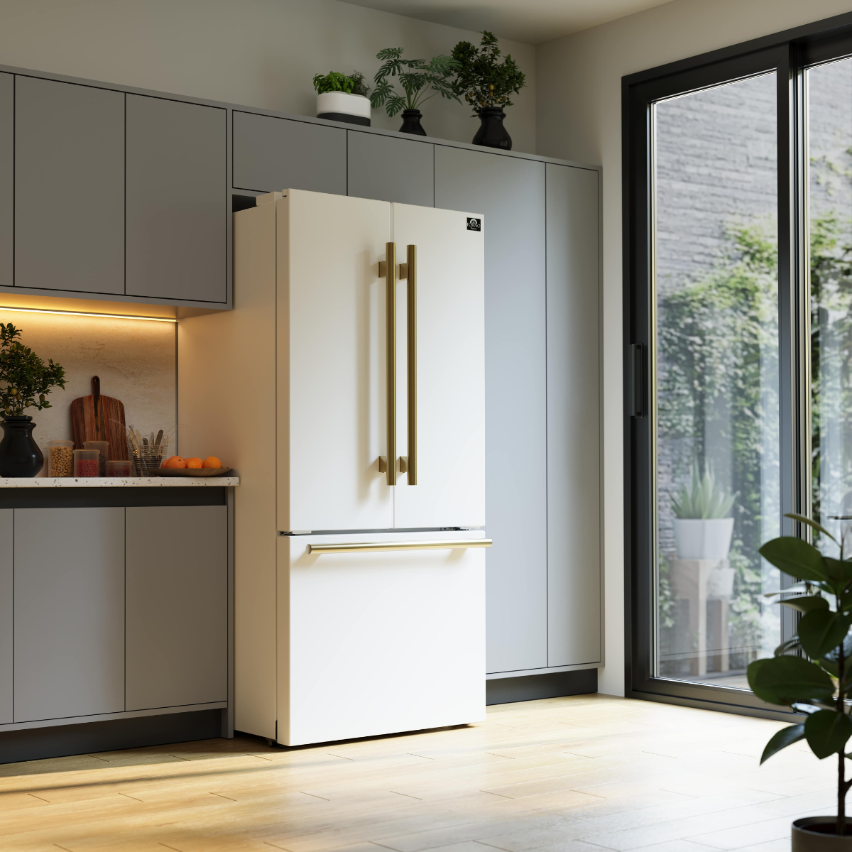 FORNO Espresso Package - 30" Induction Range, 30" Refrigerator with Ice Maker, Dishwasher and 24" Microwave Drawer in White with Antique Brass Accents