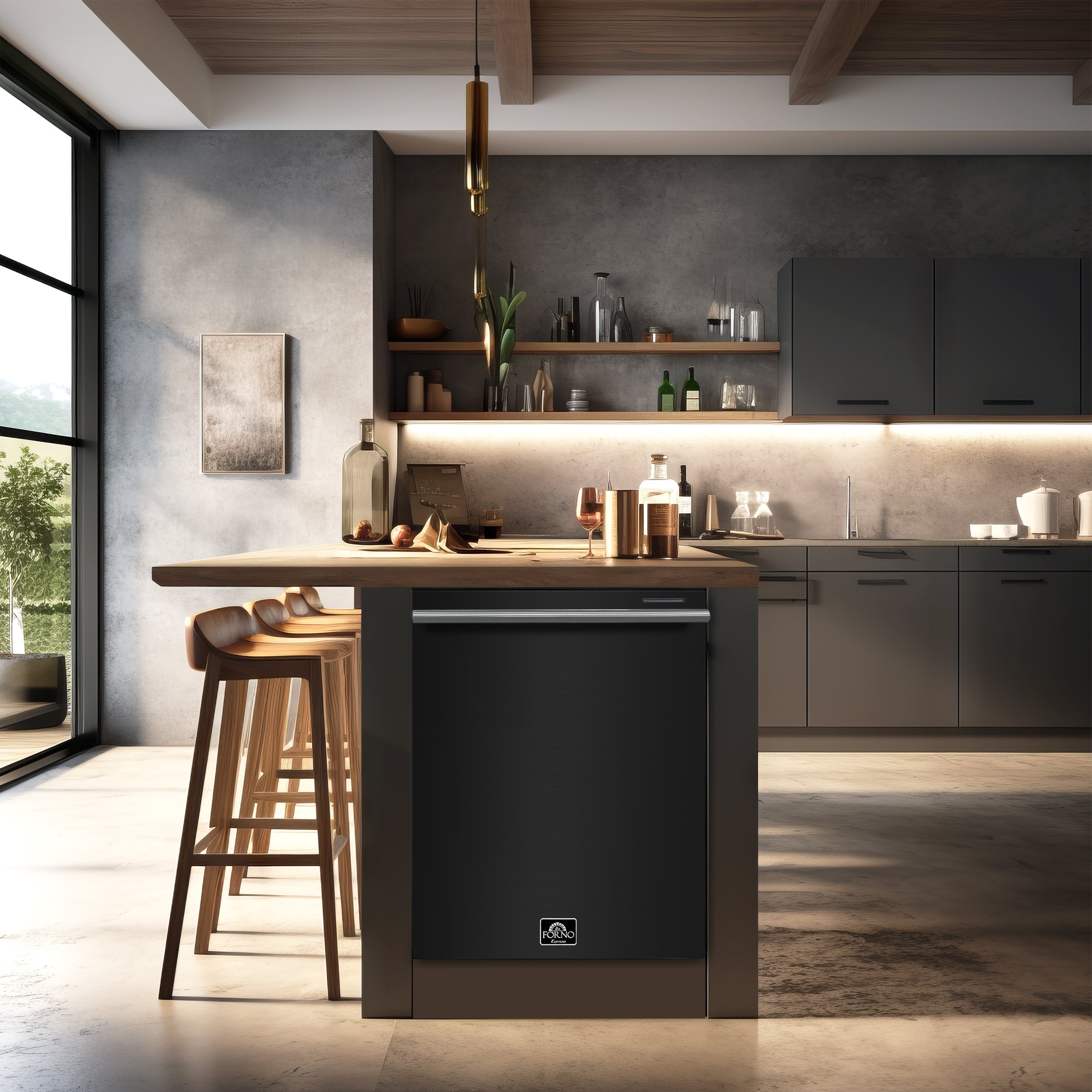 FORNO Espresso Package - 30" Electric Range, 30" Refrigerator with Ice Maker, Dishwasher and 24" Microwave Drawer in Black with Stainless Steel Accents