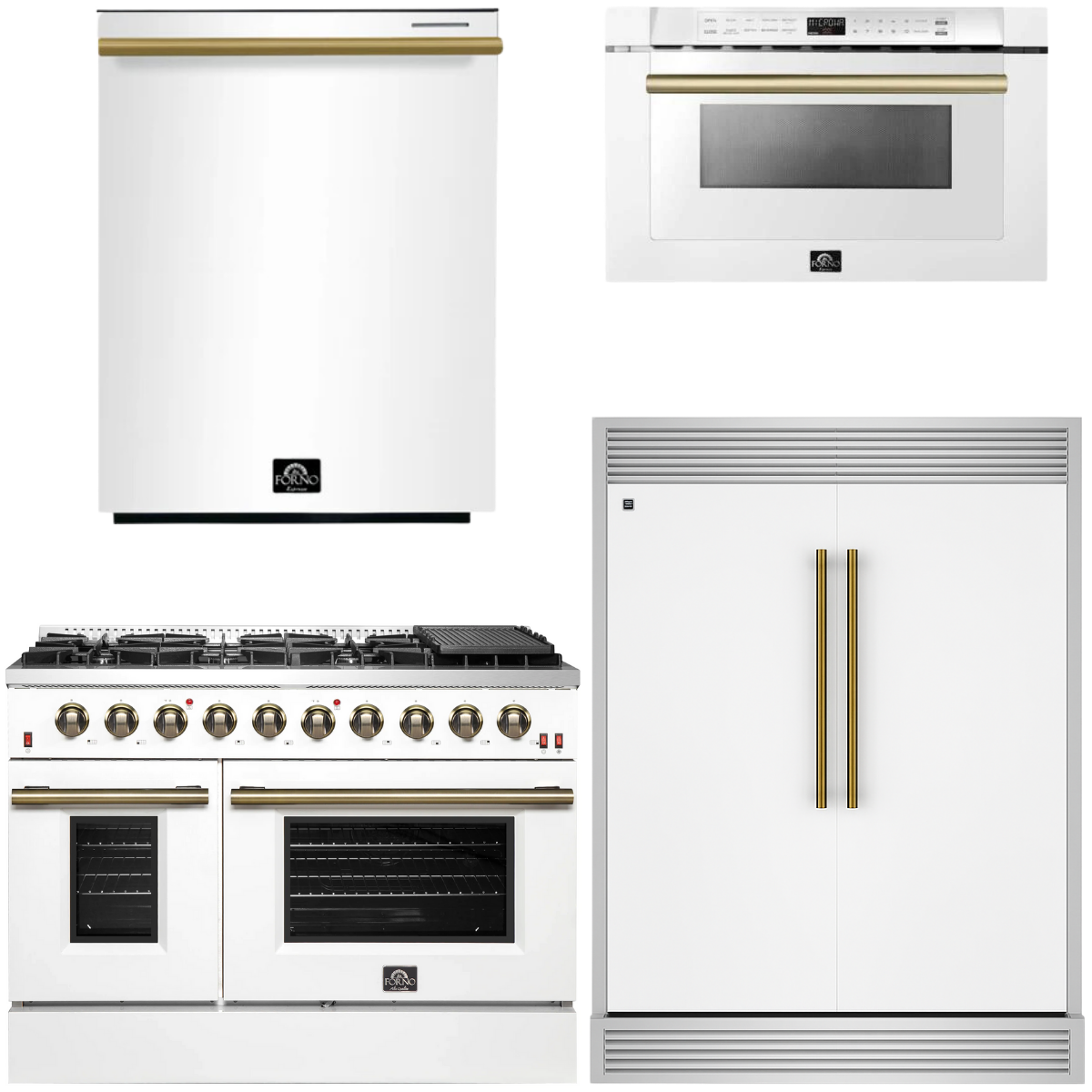 FORNO Galiano Package - 48" Dual Fuel Range, 60" Side-by-Side Refrigerator with Grill Trim, Dishwasher and 24" Microwave Drawer in White with Antique Brass Accents