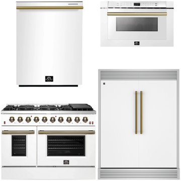 FORNO Galiano Package - 48" Dual Fuel Range, 60" Side-by-Side Refrigerator with Grill Trim, Dishwasher and 24" Microwave Drawer in White with Antique Brass Accents