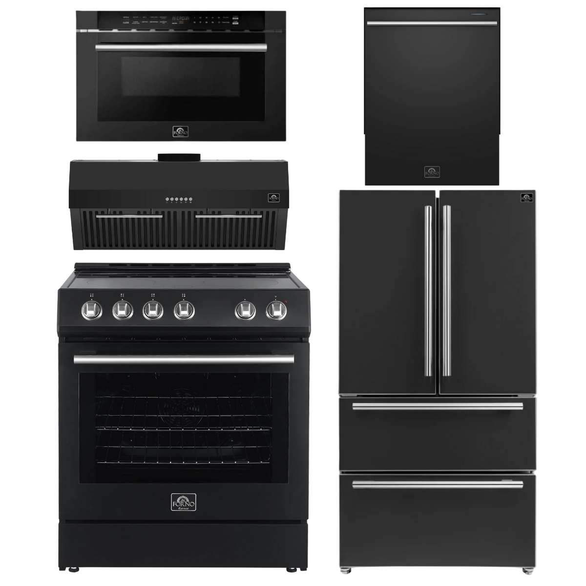 FORNO Espresso Package - 30" Electric Range, Range Hood, 36" Refrigerator with Ice Maker, Dishwasher and 24" Microwave Drawer in Black with Stainless Steel Accents