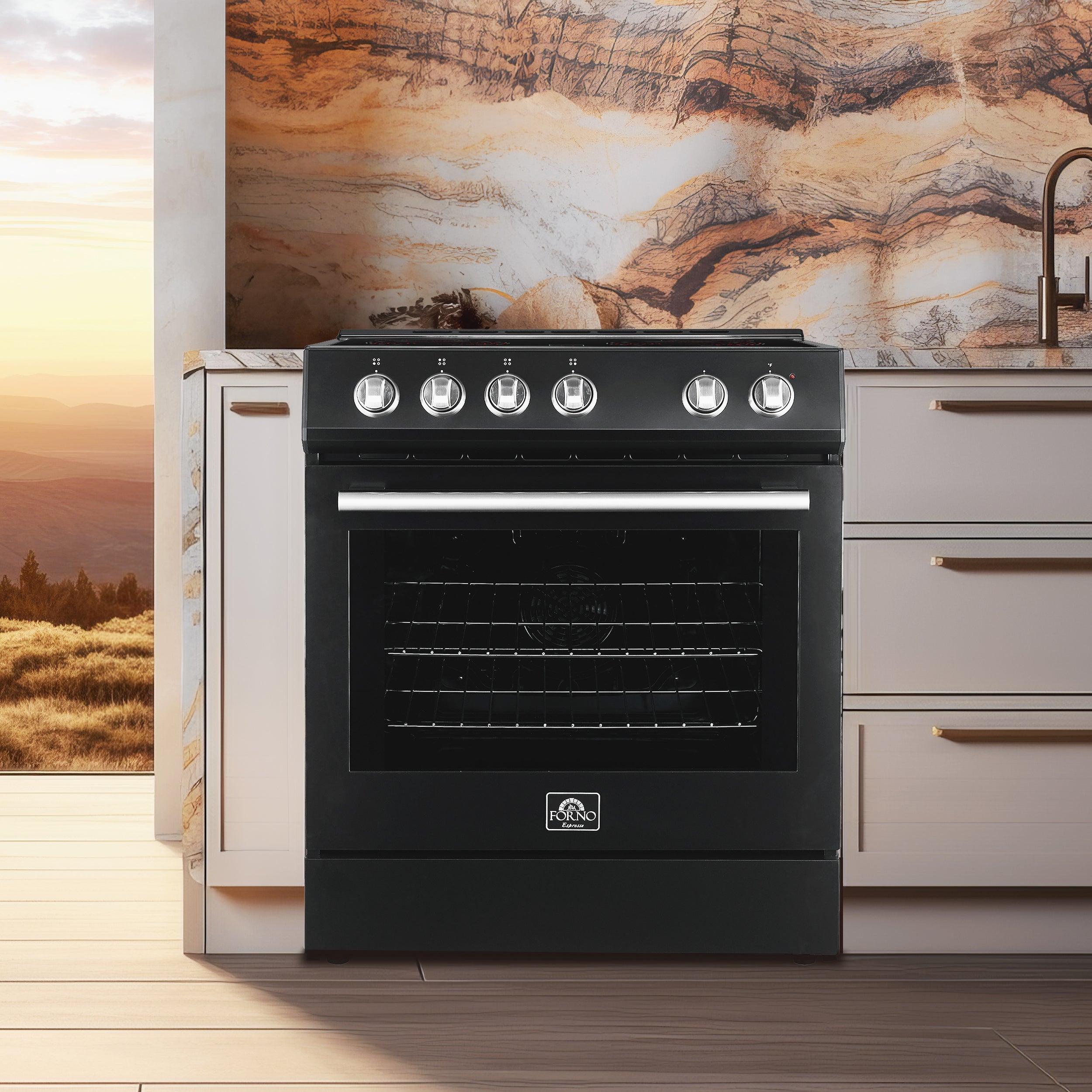 FORNO Espresso Package - 30" Electric Range, Range Hood, 36" Refrigerator with Ice Maker, Dishwasher and 24" Microwave Drawer in Black with Stainless Steel Accents