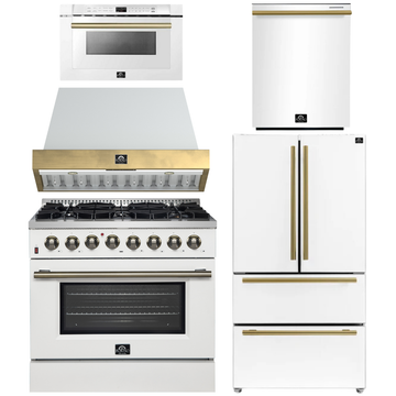 FORNO Galiano Package - 36" Dual Fuel Range, Range Hood, 36" Refrigerator with Ice Maker, Dishwasher and 24" Microwave Drawer in White with Antique Brass Accents