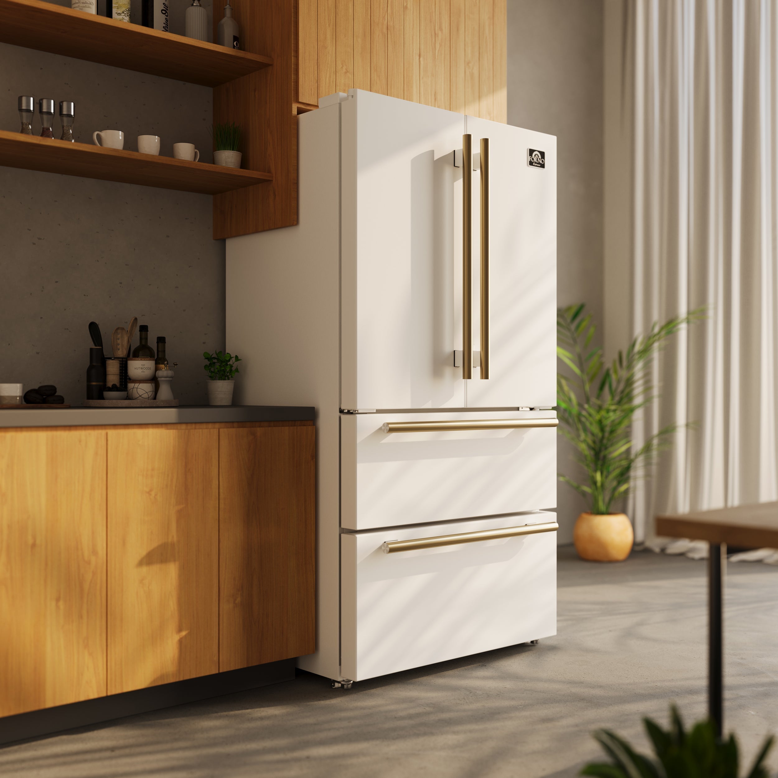 FORNO Galiano Package - 36" Dual Fuel Range, Range Hood, 36" Refrigerator with Ice Maker, Dishwasher and 24" Microwave Drawer in White with Antique Brass Accents