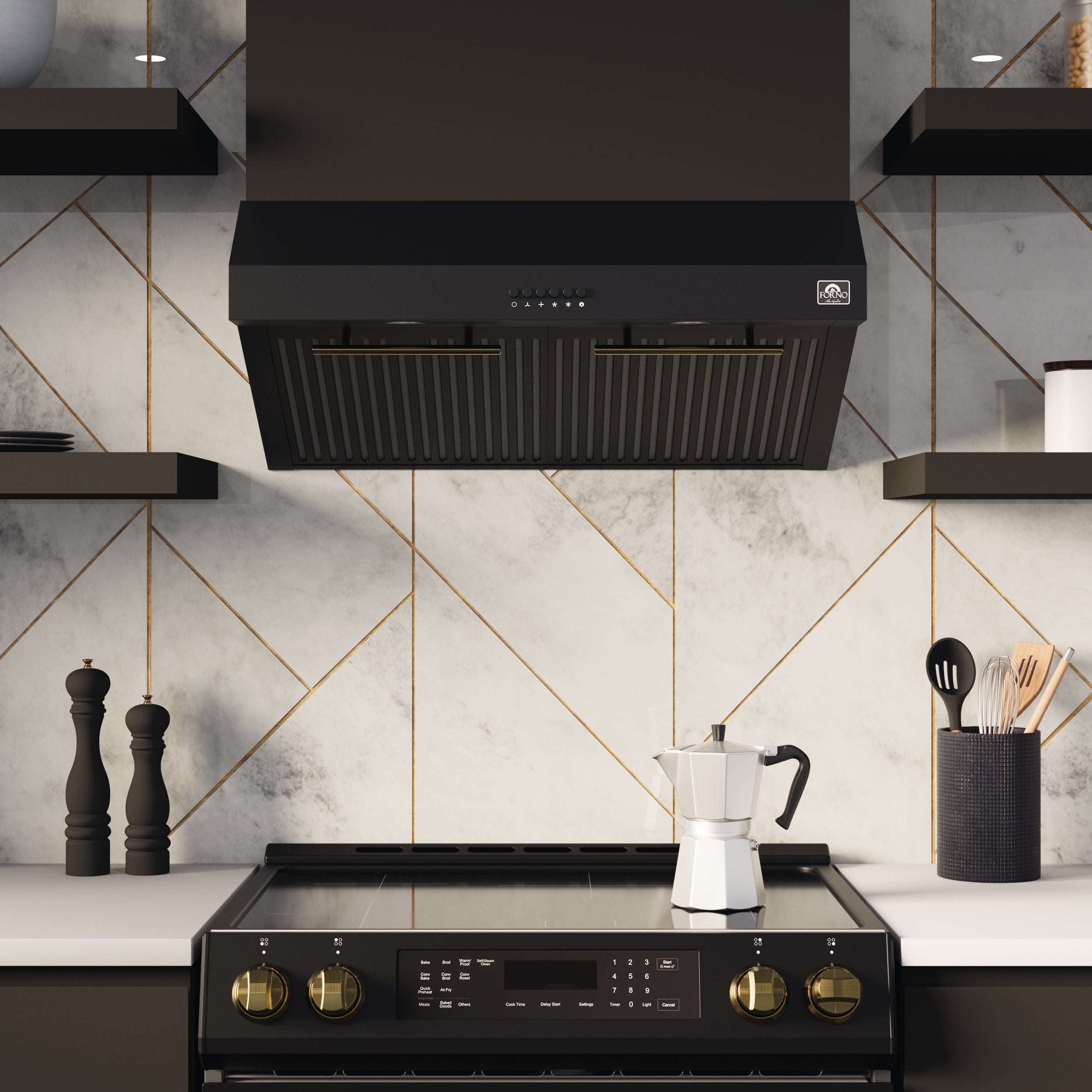 FORNO Espresso Package - 30" Gas Range and Under Cabinet Range Hood in Black with Stainless Steel Accents