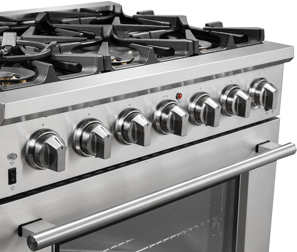 FORNO Appliance Package - 36 Inch Gas Burner/Electric Oven Pro Range, Wall Mount Range Hood, Refrigerator, AP-FFSGS6187-36-4