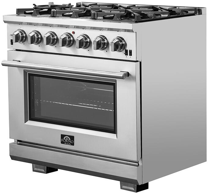 FORNO Appliance Package - 36 Inch Gas Burner/Electric Oven Pro Range, Wall Mount Range Hood, Refrigerator, AP-FFSGS6187-36-4