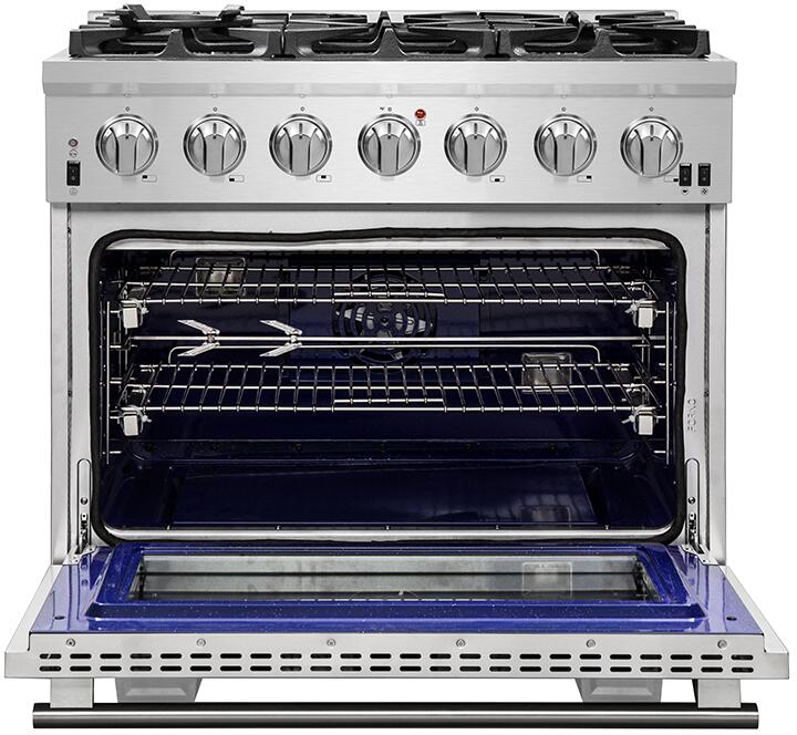 FORNO Appliance Package - 36 Inch Pro Gas Range, Wall Mount Range Hood, Refrigerator, AP-FFSGS6260-36-4