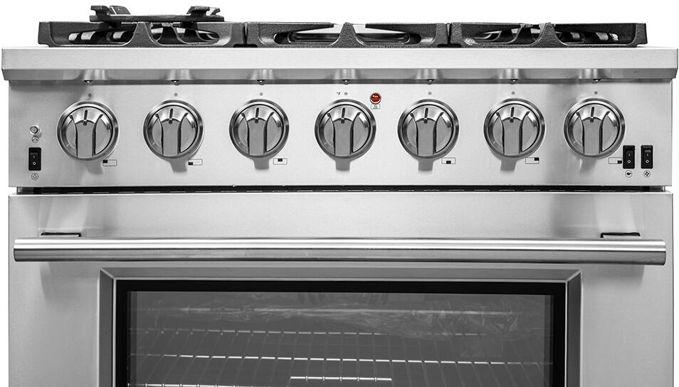 FORNO Package - 36 Inch Pro Gas Range, Wall Mount Range Hood, Refrigerator, Microwave Drawer, Dishwasher, AP-FFSGS6260-36-8