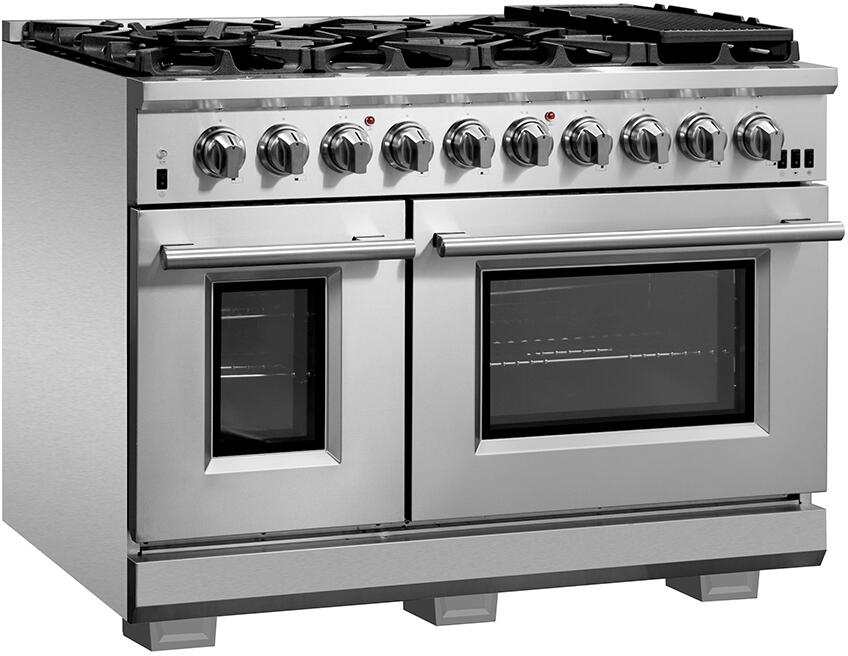FORNO Appliance Package - 48 Inch Gas Burner/Electric Oven Pro Range, Wall Mount Range Hood, Refrigerator, AP-FFSGS6187-48-4