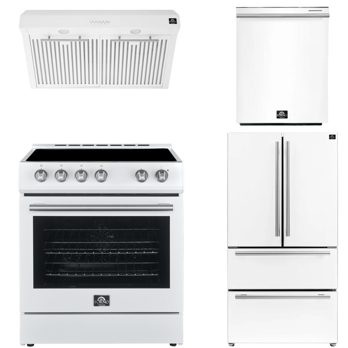 FORNO Espresso Package - 30" Electric Range, Range Hood, Refrigerator and Dishwasher in White with Stainless Steel Handles