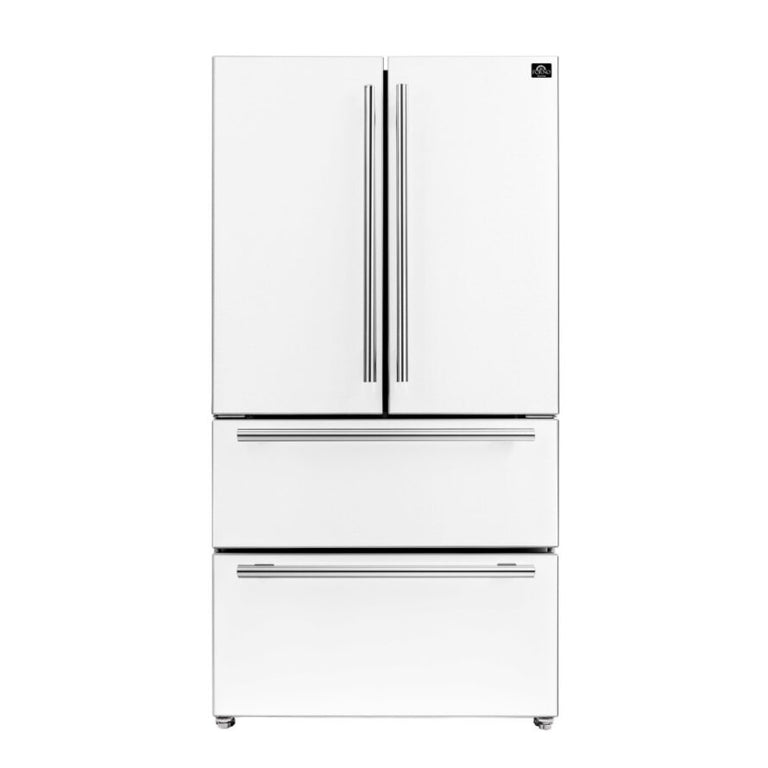FORNO Espresso Package - 30" Electric Range, Range Hood, Refrigerator and Dishwasher in White with Stainless Steel Handles