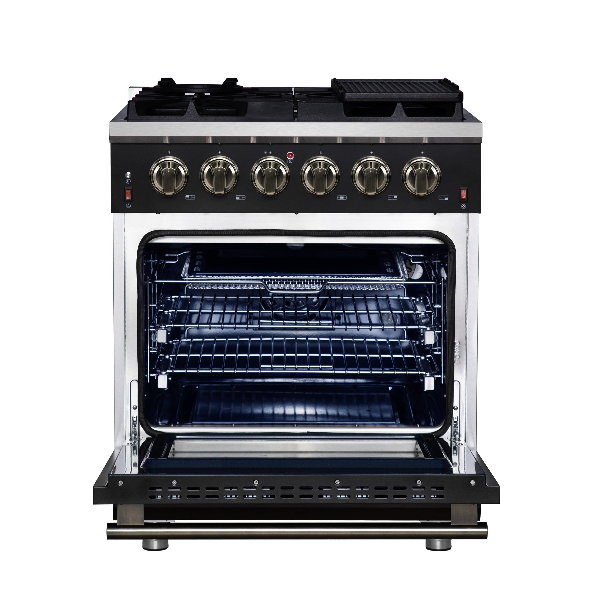 Forno Massimo 30-Inch Freestanding Gas Range, 4.32 cu ft Oven, 5 Sealed Burners, Air Fryer Kit, Wok Ring, Griddle, Black with Antique Brass Accents (FFSGS6239-30BLK)