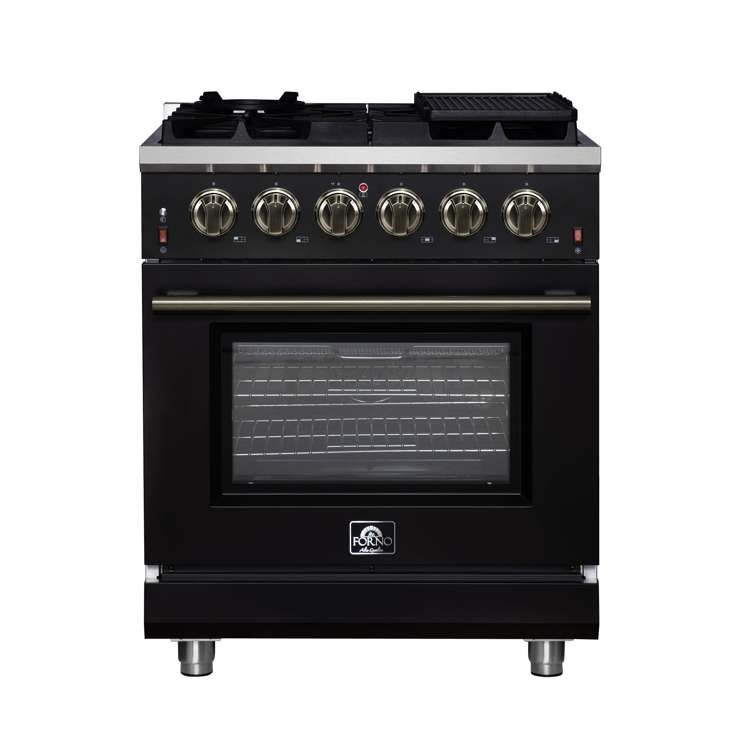Forno Massimo 30-Inch Freestanding Gas Range, 4.32 cu ft Oven, 5 Sealed Burners, Air Fryer Kit, Wok Ring, Griddle, Black with Antique Brass Accents (FFSGS6239-30BLK)