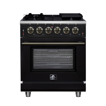 Forno Massimo 30-Inch Freestanding Gas Range, 4.32 cu ft Oven, 5 Sealed Burners, Air Fryer Kit, Wok Ring, Griddle, Black with Antique Brass Accents (FFSGS6239-30BLK)