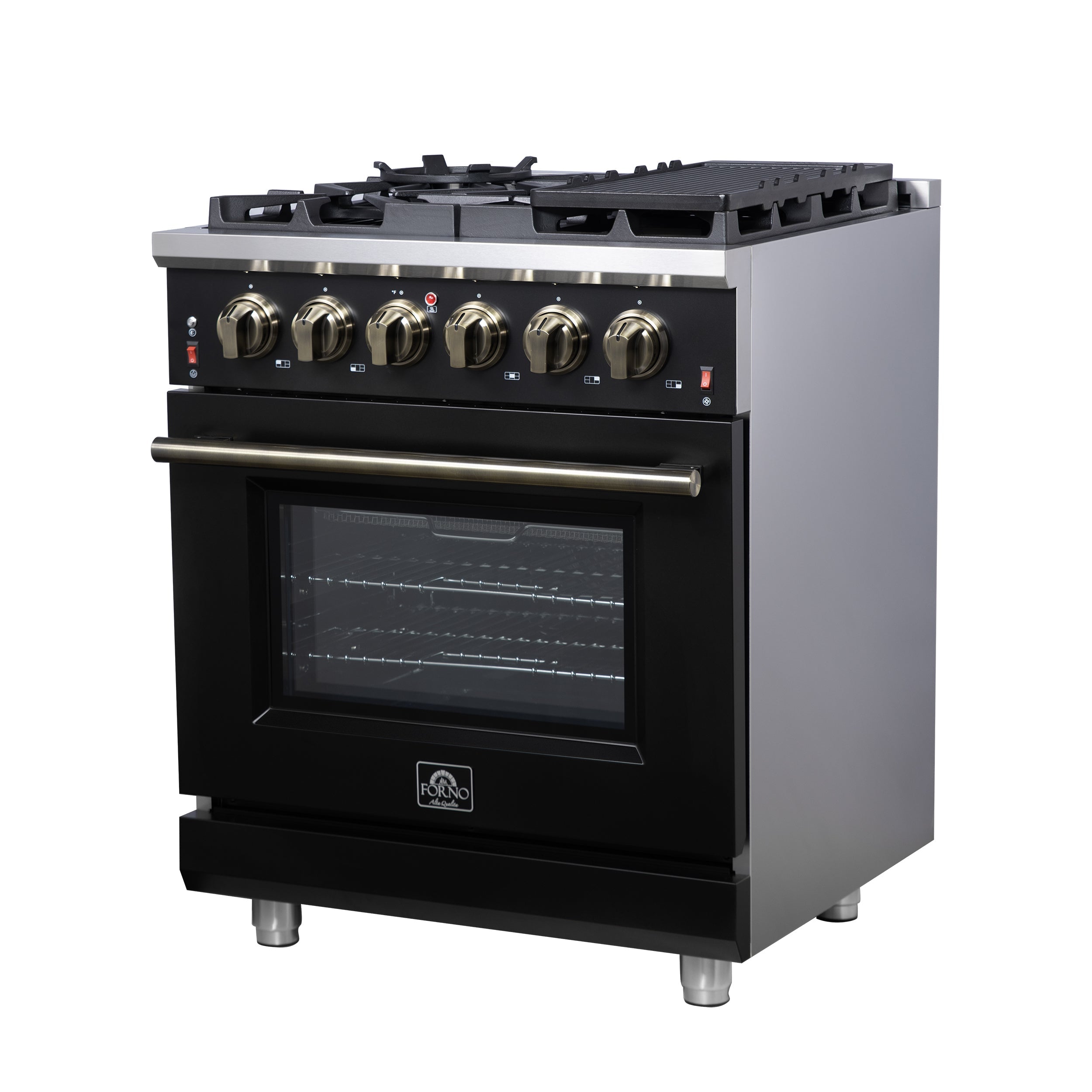 Forno Massimo 30-Inch Freestanding Gas Range, 4.32 cu ft Oven, 5 Sealed Burners, Air Fryer Kit, Wok Ring, Griddle, Black with Antique Brass Accents (FFSGS6239-30BLK)