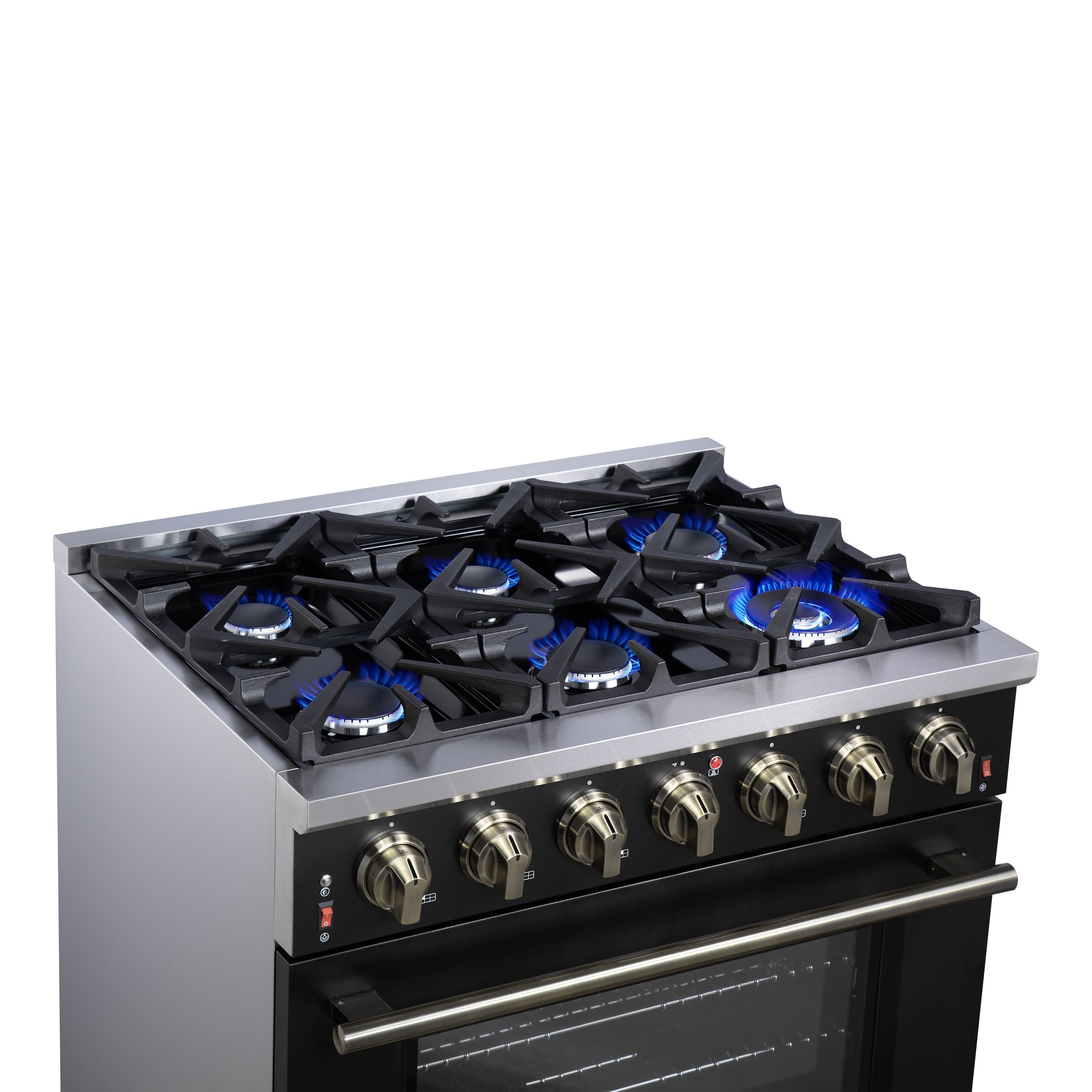 FORNO Massimo 36-Inch Freestanding Gas Range, 5.36 cu. ft. Oven, 6 Sealed Burners, Black with Antique Brass Accents (Model FFSGS6239-36BLK)