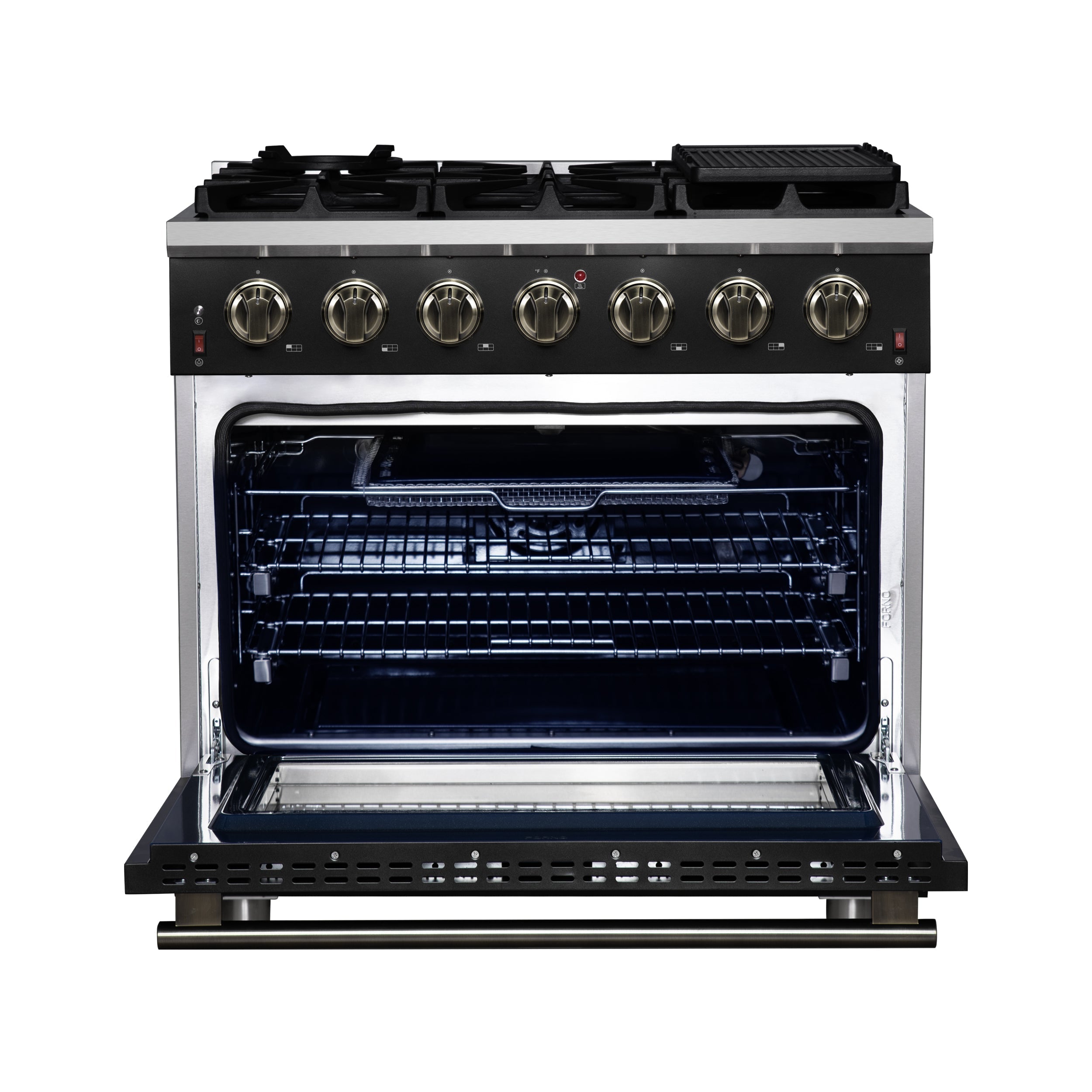 FORNO Massimo 36-Inch Freestanding Gas Range, 5.36 cu. ft. Oven, 6 Sealed Burners, Black with Antique Brass Accents (Model FFSGS6239-36BLK)