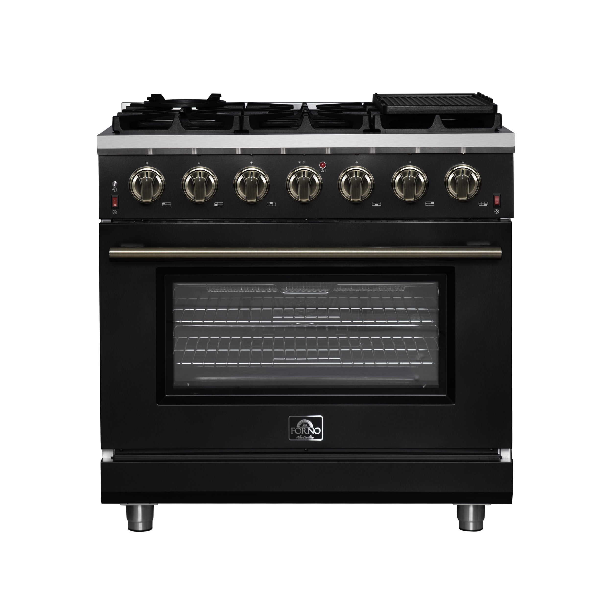 FORNO Massimo 36-Inch Freestanding Gas Range, 5.36 cu. ft. Oven, 6 Sealed Burners, Black with Antique Brass Accents (Model FFSGS6239-36BLK)
