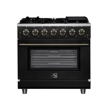 FORNO Massimo 36-Inch Freestanding Gas Range, 5.36 cu. ft. Oven, 6 Sealed Burners, Black with Antique Brass Accents (Model FFSGS6239-36BLK)