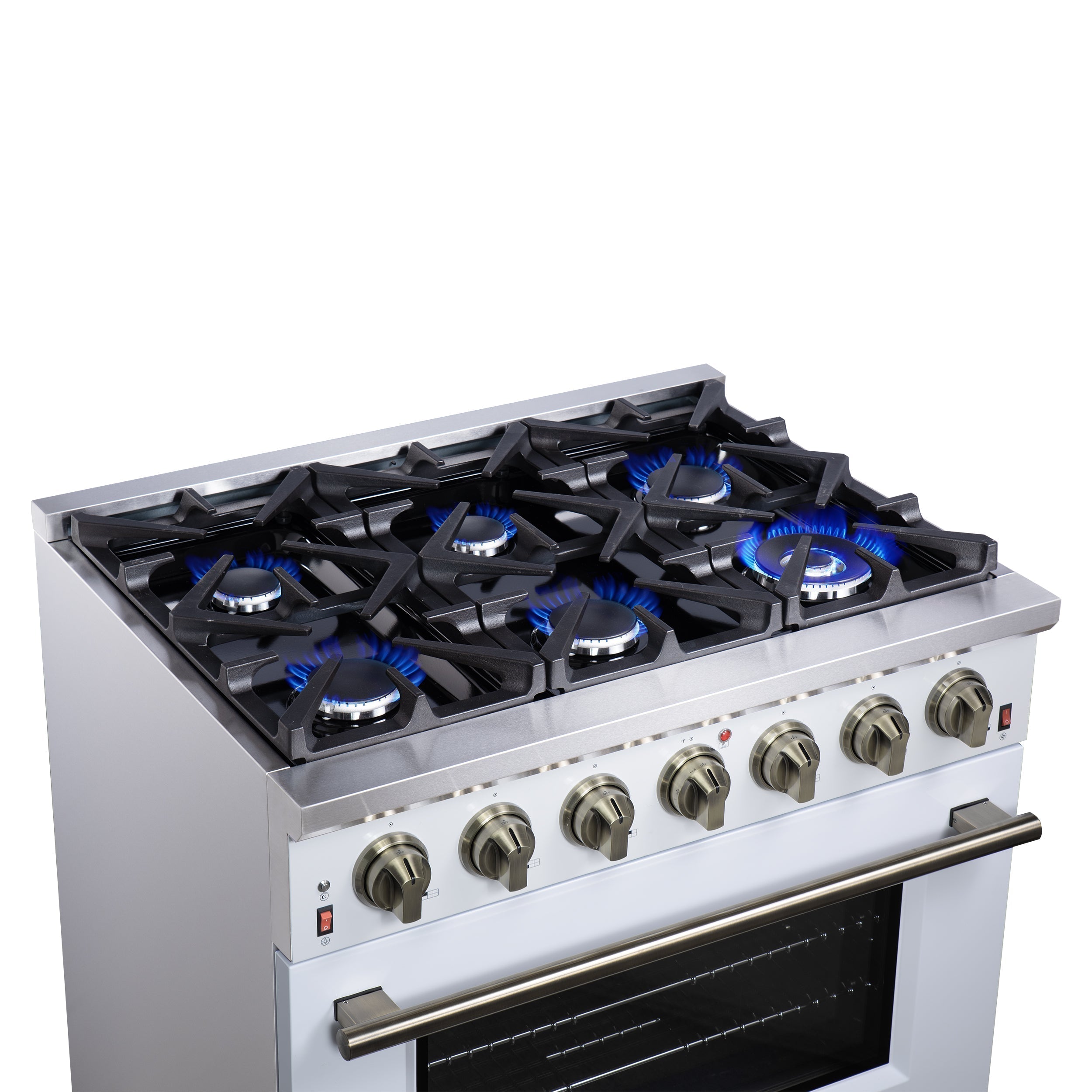 Forno Massimo 36-Inch Freestanding Gas Range with 6 Sealed Burners, 5.36 cu. ft. Oven, Air Fryer Kit, Wok Ring and Griddle, White with Antique Brass Accents (Model FFSGS6239-36WHT)