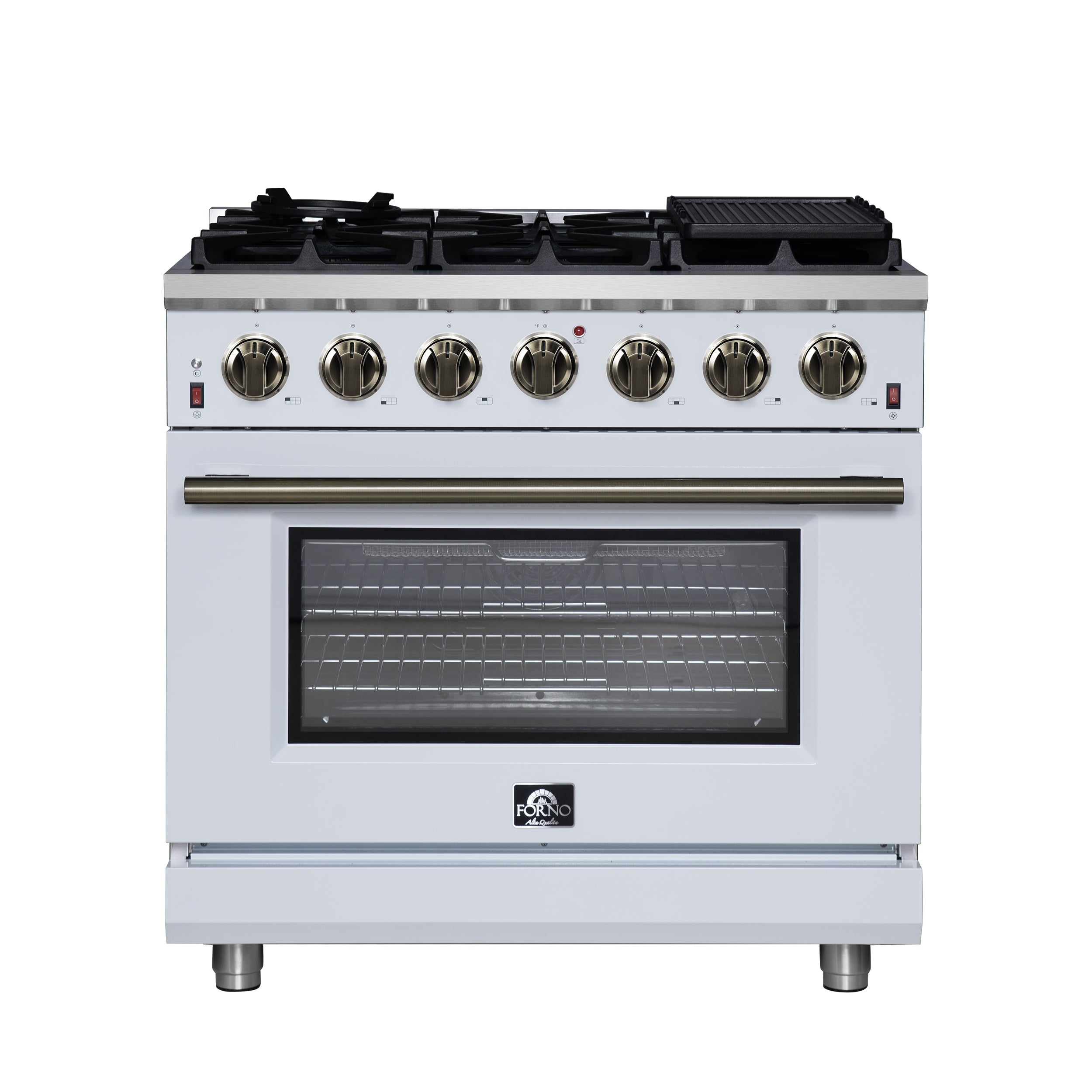 Forno Massimo 36-Inch Freestanding Gas Range with 6 Sealed Burners, 5.36 cu. ft. Oven, Air Fryer Kit, Wok Ring and Griddle, White with Antique Brass Accents (Model FFSGS6239-36WHT)