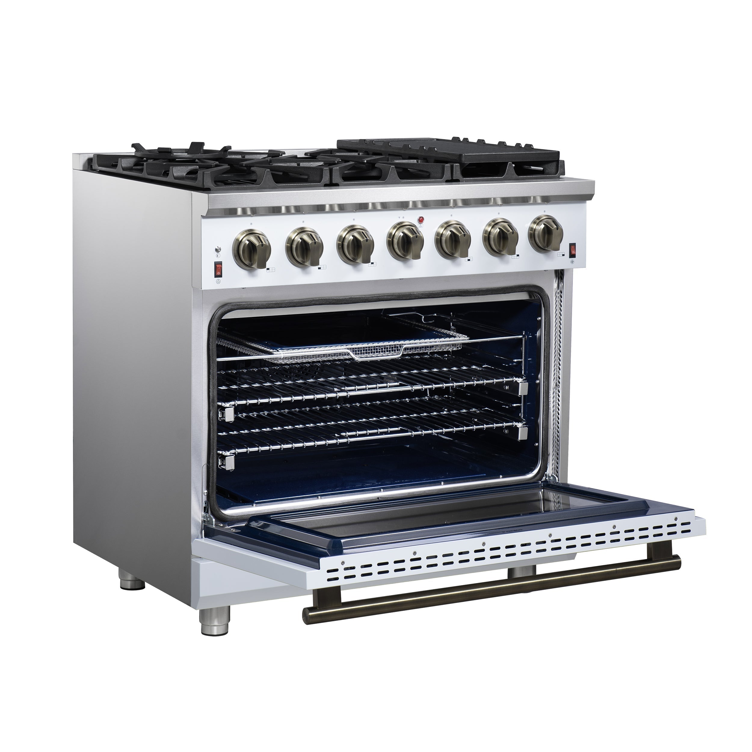 Forno Massimo 36-Inch Freestanding Gas Range with 6 Sealed Burners, 5.36 cu. ft. Oven, Air Fryer Kit, Wok Ring and Griddle, White with Antique Brass Accents (Model FFSGS6239-36WHT)