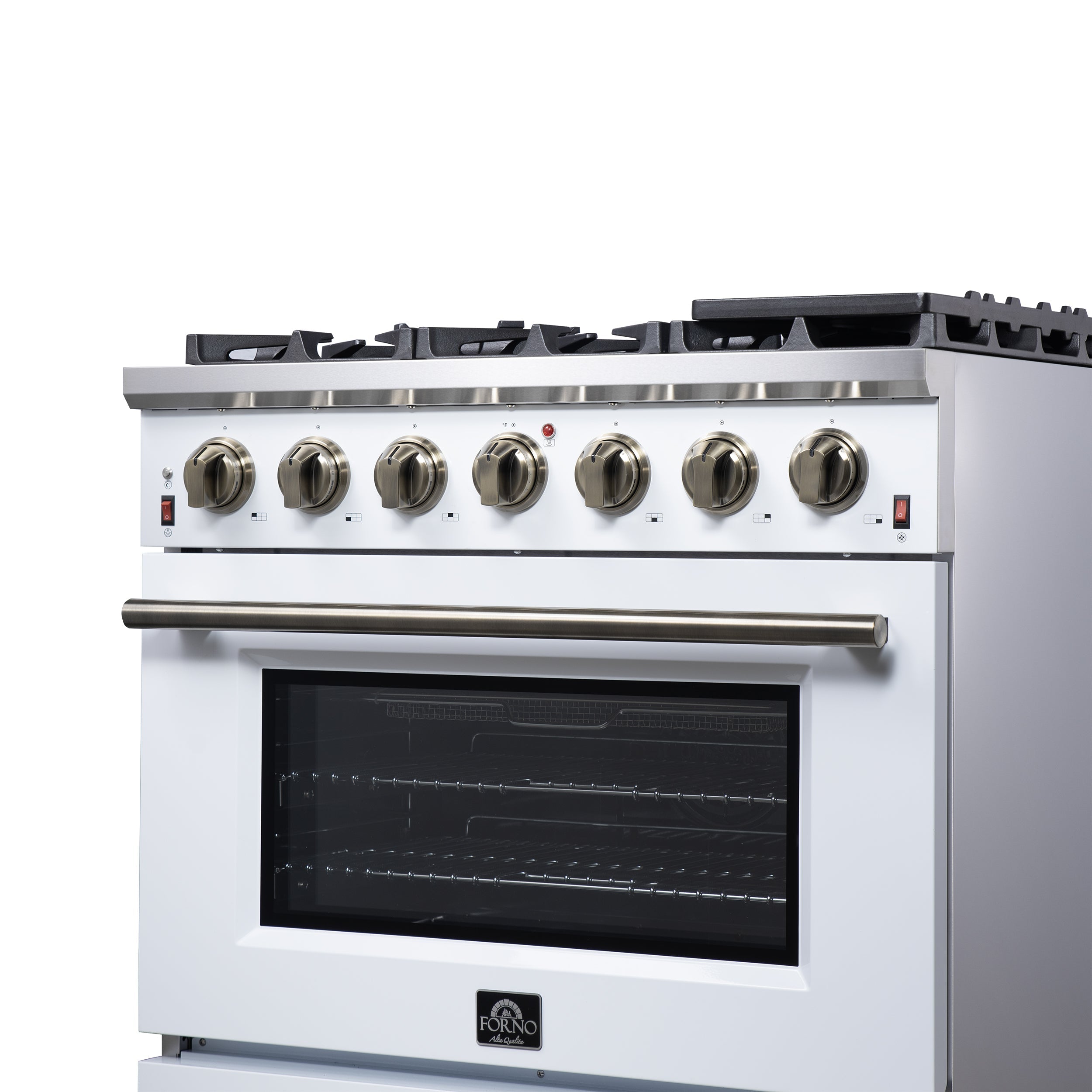 Forno Massimo 36-Inch Freestanding Gas Range with 6 Sealed Burners, 5.36 cu. ft. Oven, Air Fryer Kit, Wok Ring and Griddle, White with Antique Brass Accents (Model FFSGS6239-36WHT)