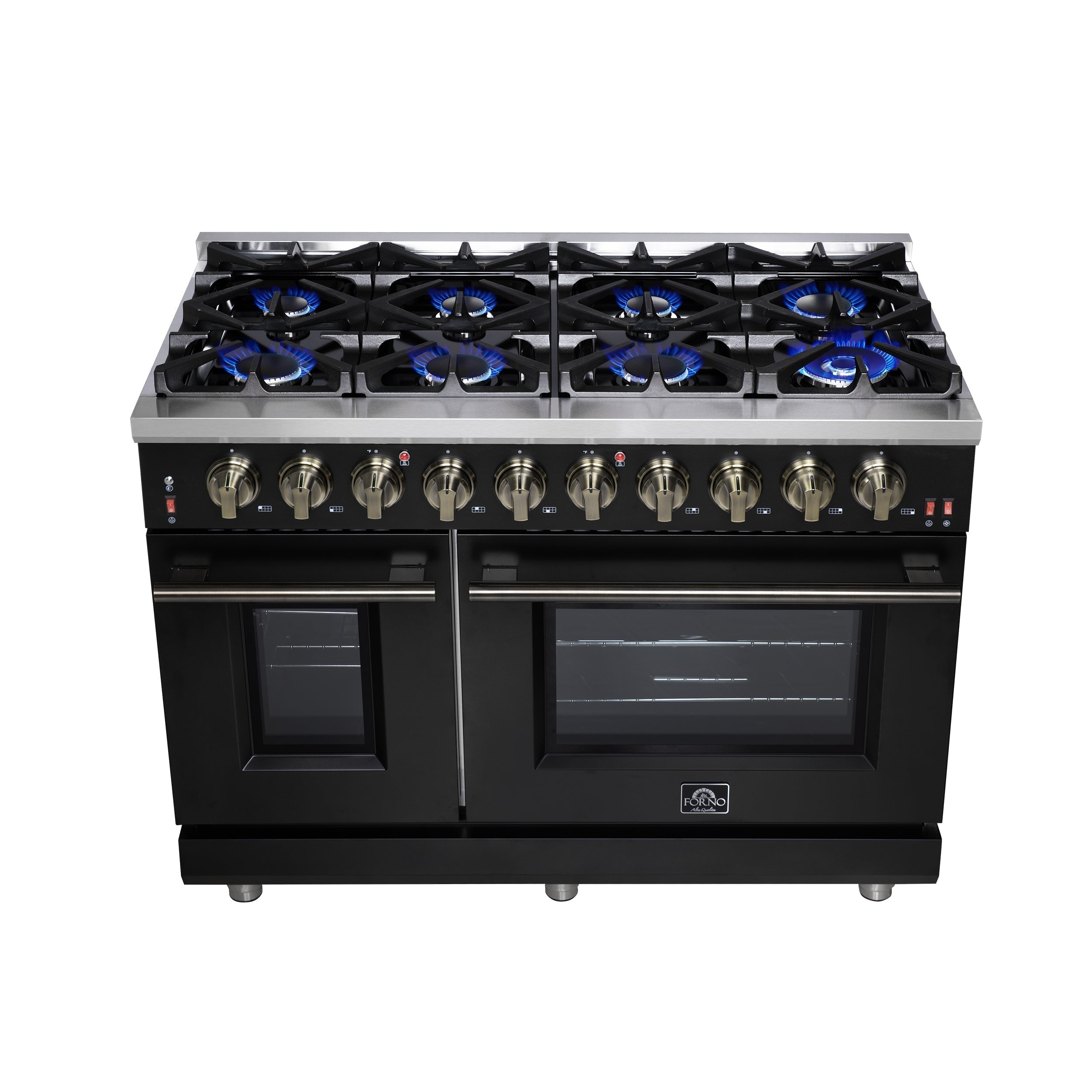 Forno Massimo 48-Inch Freestanding Gas Range with 8 Sealed Burners, 6.58 cu. ft. Double Oven, Black with Antique Brass Accents (Model FFSGS6239-48BLK)