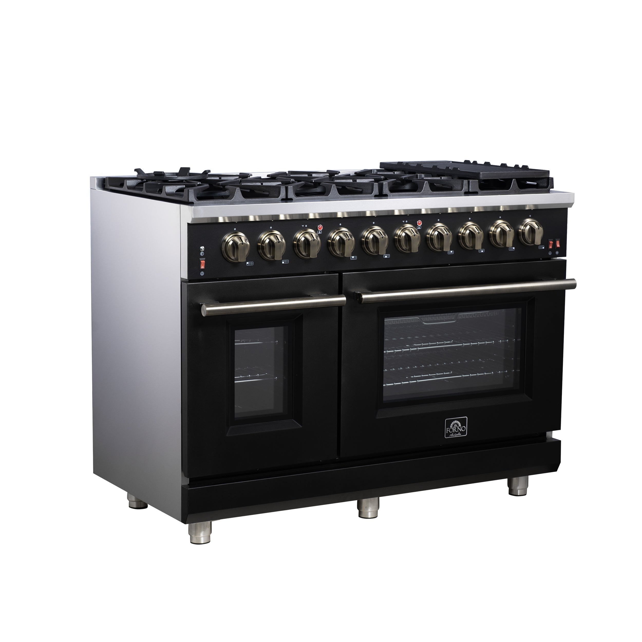 Forno Massimo 48-Inch Freestanding Gas Range with 8 Sealed Burners, 6.58 cu. ft. Double Oven, Black with Antique Brass Accents (Model FFSGS6239-48BLK)