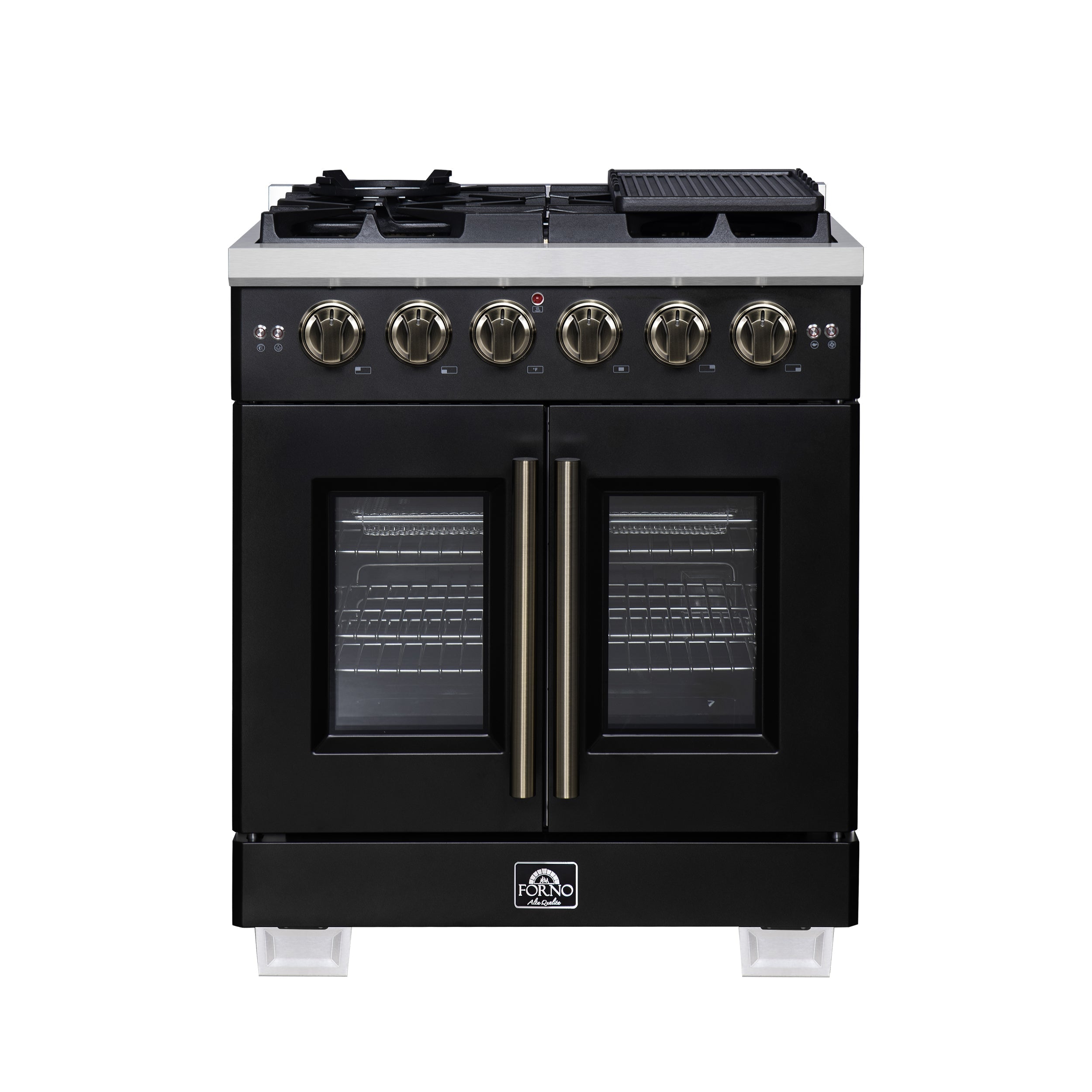 Forno Capriasca 30-Inch French Door Gas Range, 4.32 cu. ft., 5 Sealed Burners, Air Fryer Kit, Rotisserie Kit, Wok Support, Griddle, Black with Antique Brass Accents (FFSGS6460-30BLK)