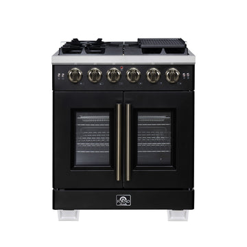 Forno Capriasca 30-Inch French Door Gas Range, 4.32 cu. ft., 5 Sealed Burners, Air Fryer Kit, Rotisserie Kit, Wok Support, Griddle, Black with Antique Brass Accents (FFSGS6460-30BLK)