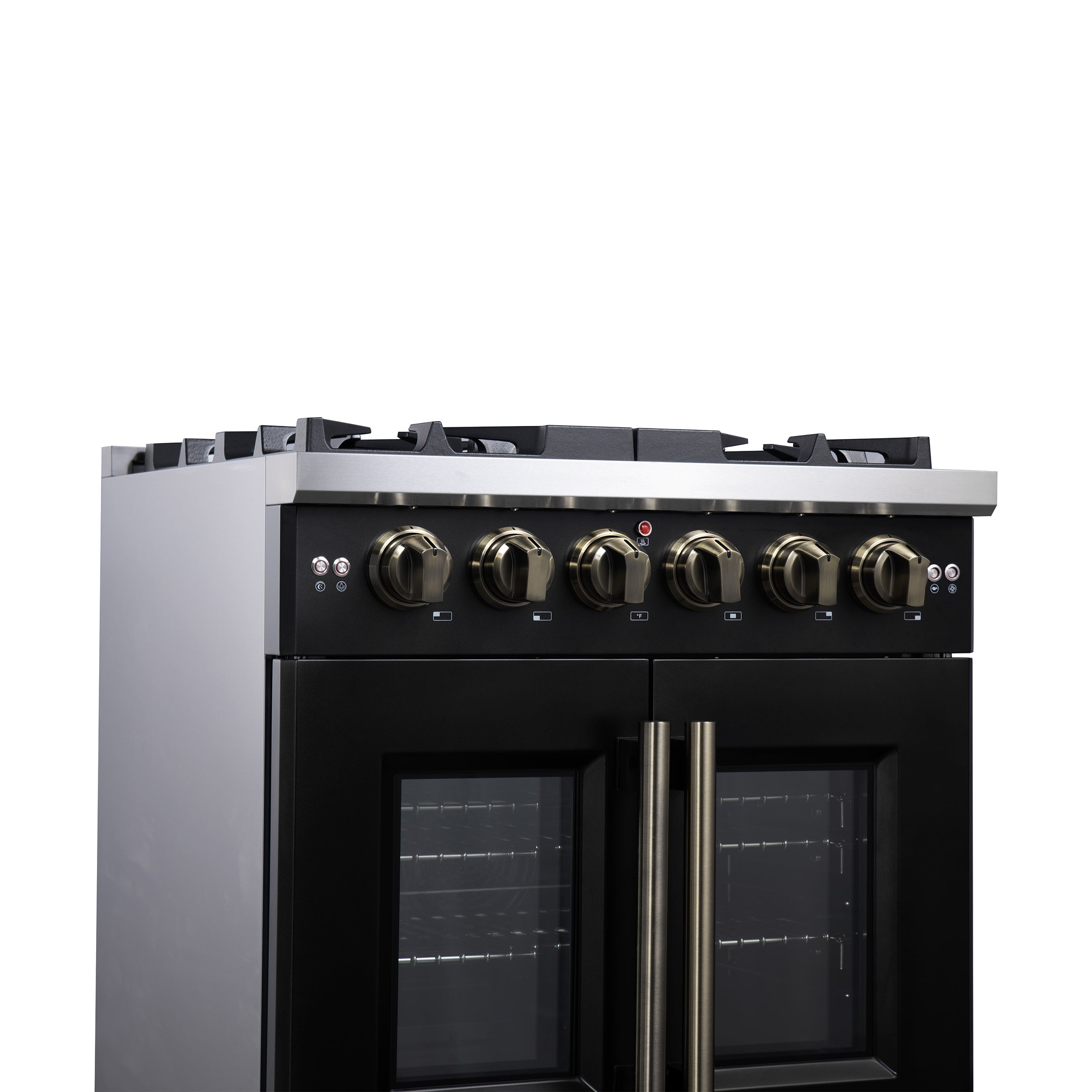 Forno Capriasca 30-Inch French Door Gas Range, 4.32 cu. ft., 5 Sealed Burners, Air Fryer Kit, Rotisserie Kit, Wok Support, Griddle, Black with Antique Brass Accents (FFSGS6460-30BLK)
