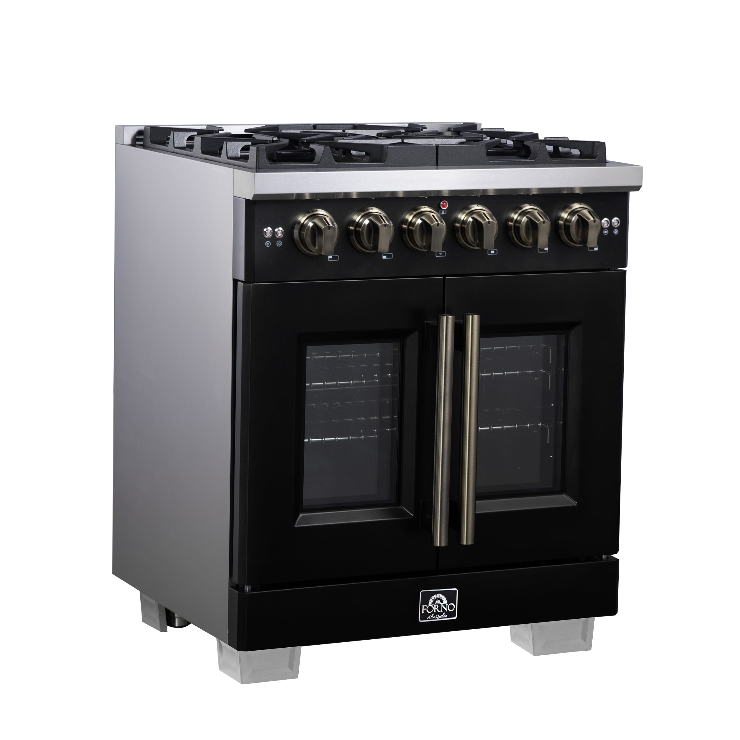 Forno Capriasca 30-Inch French Door Gas Range, 4.32 cu. ft., 5 Sealed Burners, Air Fryer Kit, Rotisserie Kit, Wok Support, Griddle, Black with Antique Brass Accents (FFSGS6460-30BLK)