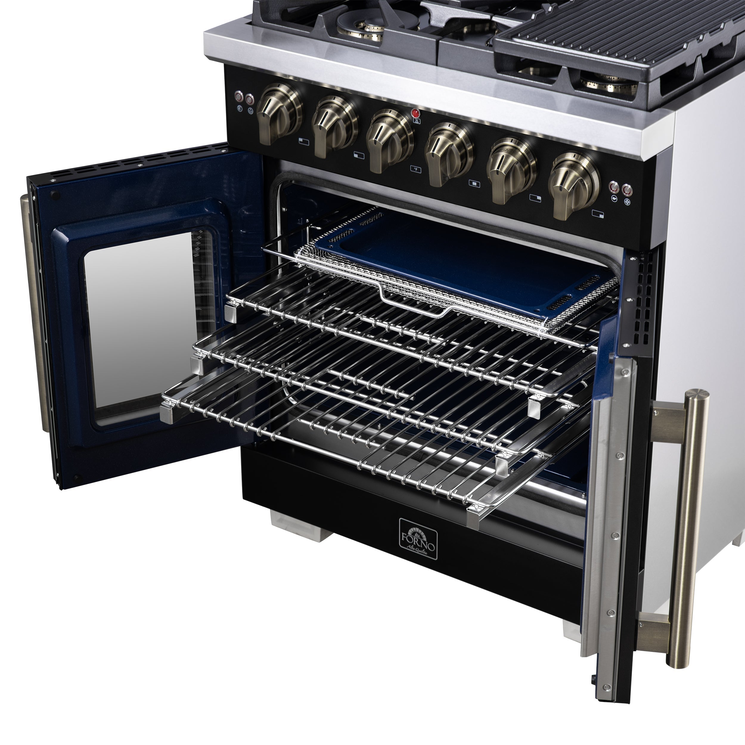 Forno Capriasca 30-Inch French Door Gas Range, 4.32 cu. ft., 5 Sealed Burners, Air Fryer Kit, Rotisserie Kit, Wok Support, Griddle, Black with Antique Brass Accents (FFSGS6460-30BLK)
