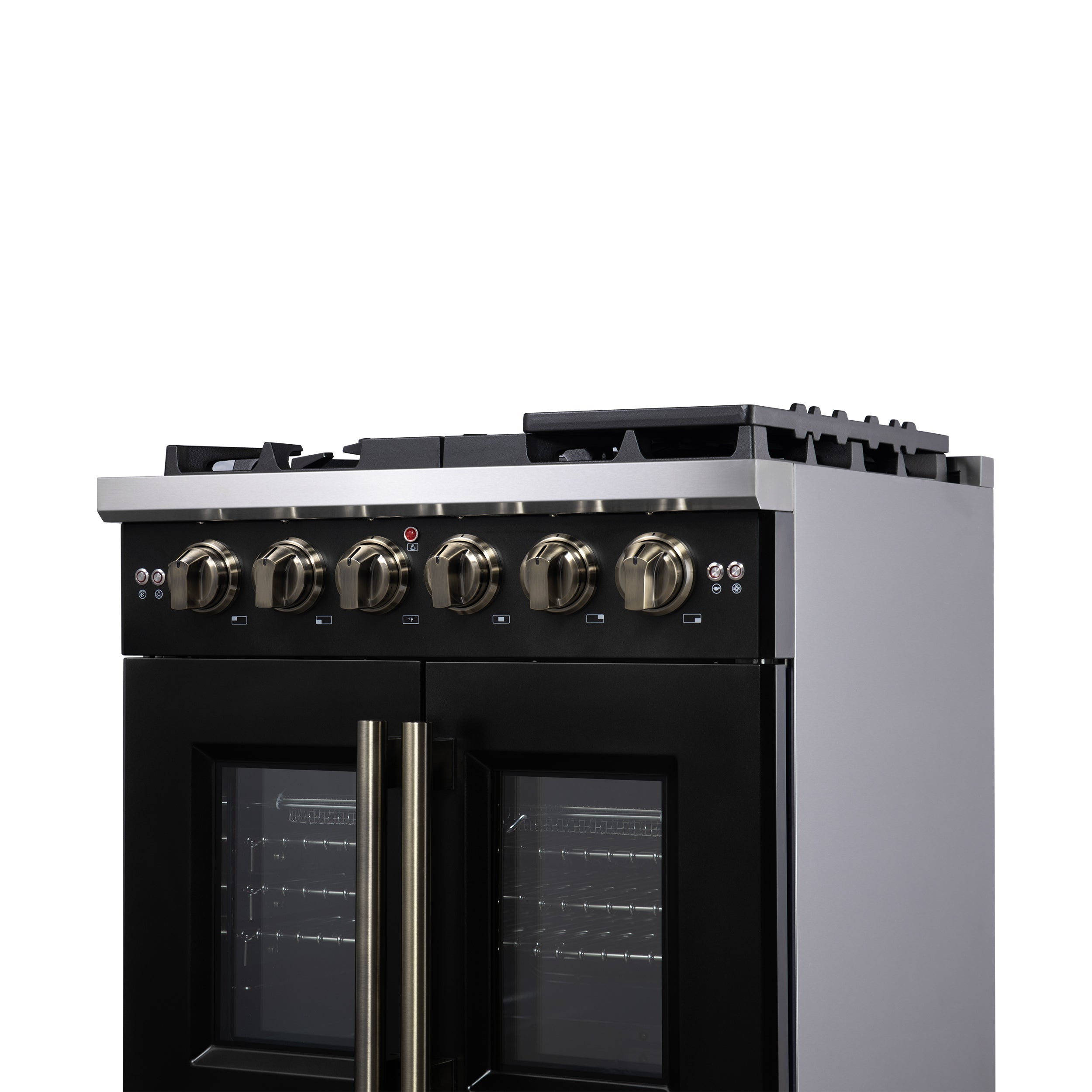 Forno Capriasca 30-Inch French Door Gas Range, 4.32 cu. ft., 5 Sealed Burners, Air Fryer Kit, Rotisserie Kit, Wok Support, Griddle, Black with Antique Brass Accents (FFSGS6460-30BLK)