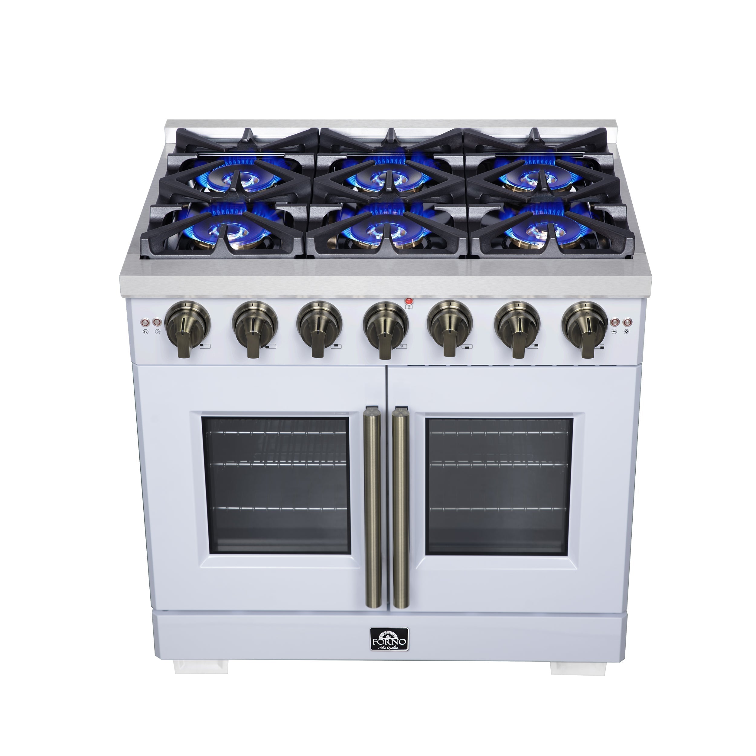 Forno Capriasca 36-Inch Gas Range with French Door Oven, 6 Sealed Burners, 5.36 cu. ft. Capacity, Air Fry Kit, Rotisserie, Wok Ring, Griddle, White with Antique Brass Accents (Model FFSGS6460-36WHT)