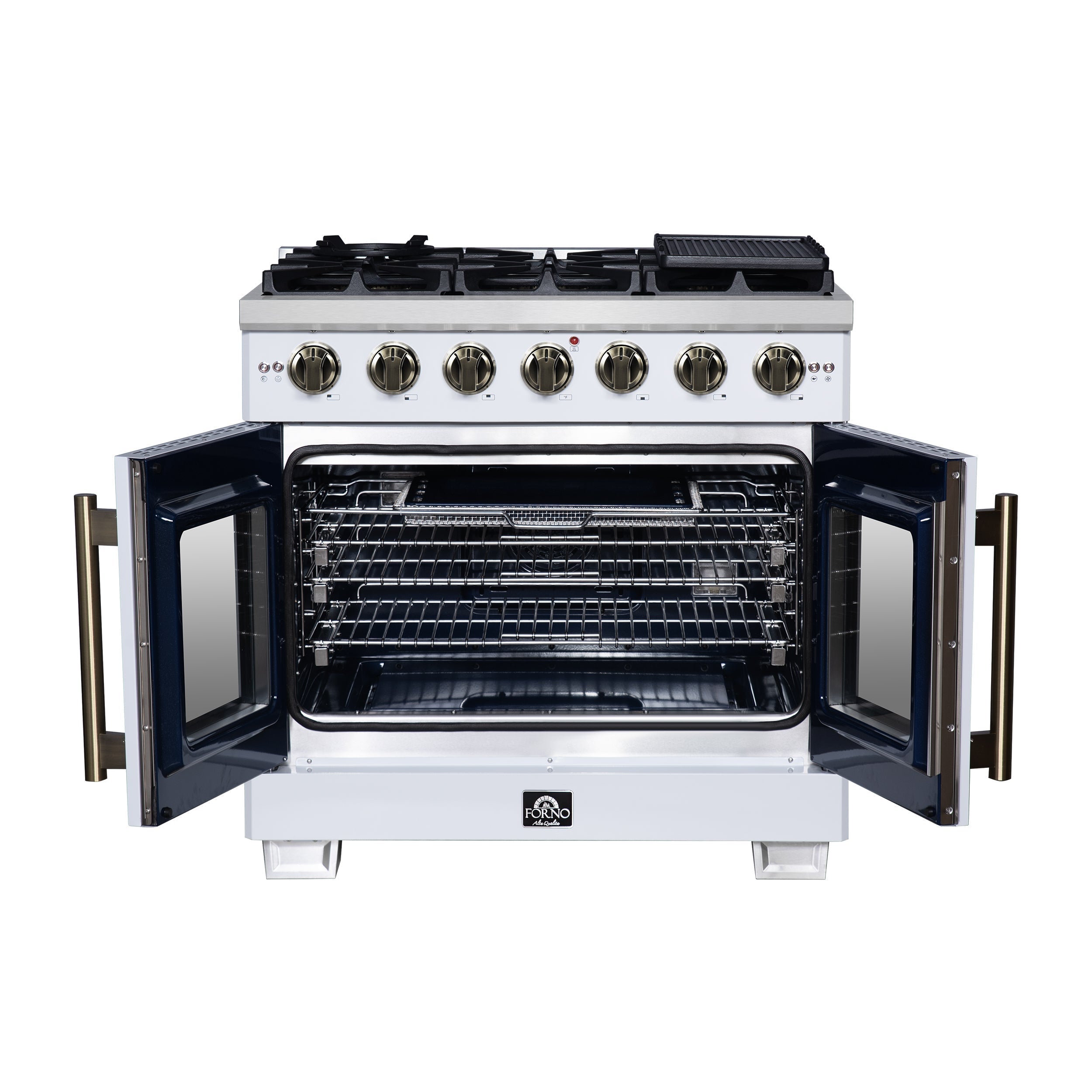 Forno Capriasca 36-Inch Gas Range with French Door Oven, 6 Sealed Burners, 5.36 cu. ft. Capacity, Air Fry Kit, Rotisserie, Wok Ring, Griddle, White with Antique Brass Accents (Model FFSGS6460-36WHT)