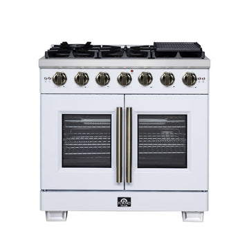 Forno Capriasca 36-Inch Gas Range with French Door Oven, 6 Sealed Burners, 5.36 cu. ft. Capacity, Air Fry Kit, Rotisserie, Wok Ring, Griddle, White with Antique Brass Accents (Model FFSGS6460-36WHT)