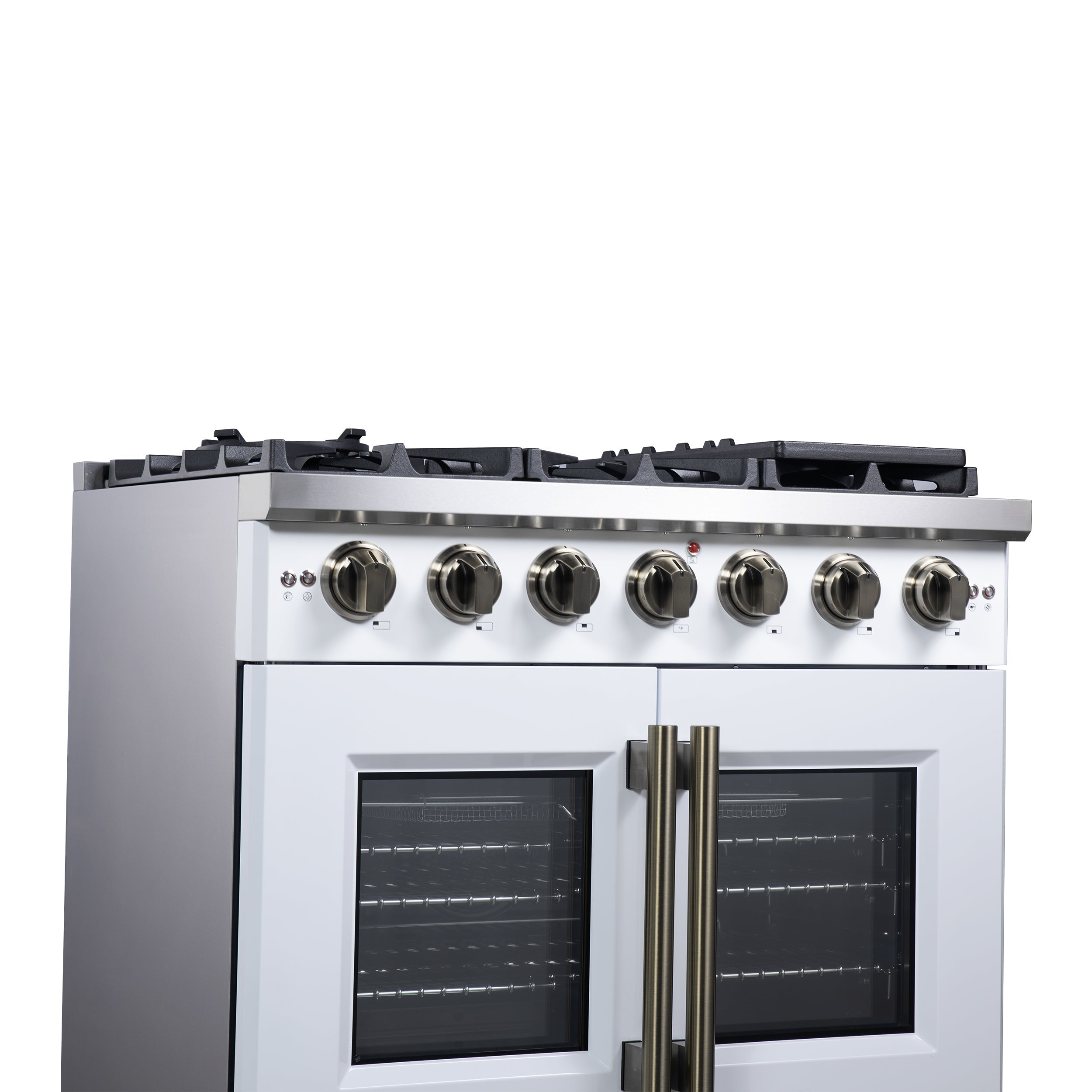 Forno Capriasca 36-Inch Gas Range with French Door Oven, 6 Sealed Burners, 5.36 cu. ft. Capacity, Air Fry Kit, Rotisserie, Wok Ring, Griddle, White with Antique Brass Accents (Model FFSGS6460-36WHT)