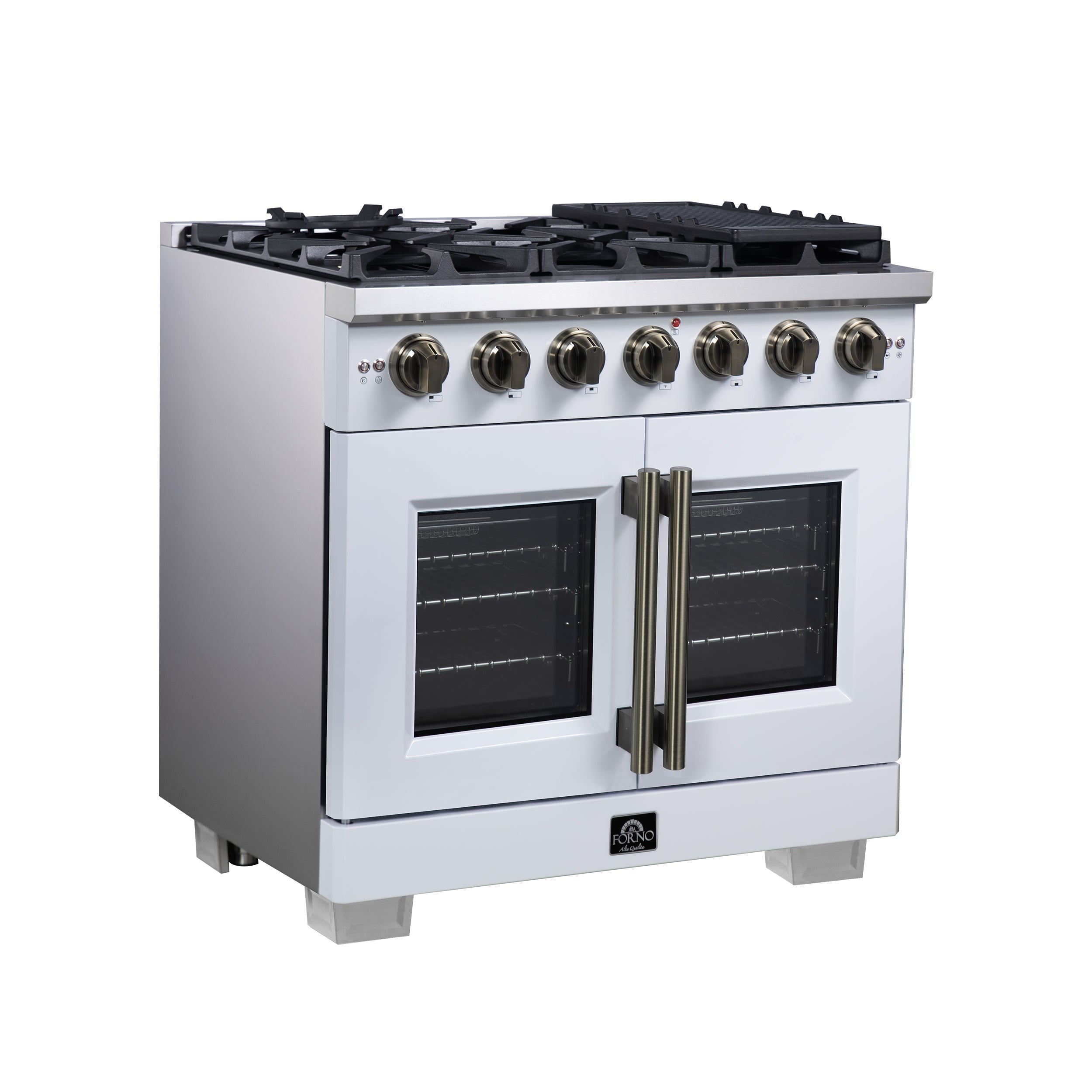 Forno Capriasca 36-Inch Gas Range with French Door Oven, 6 Sealed Burners, 5.36 cu. ft. Capacity, Air Fry Kit, Rotisserie, Wok Ring, Griddle, White with Antique Brass Accents (Model FFSGS6460-36WHT)