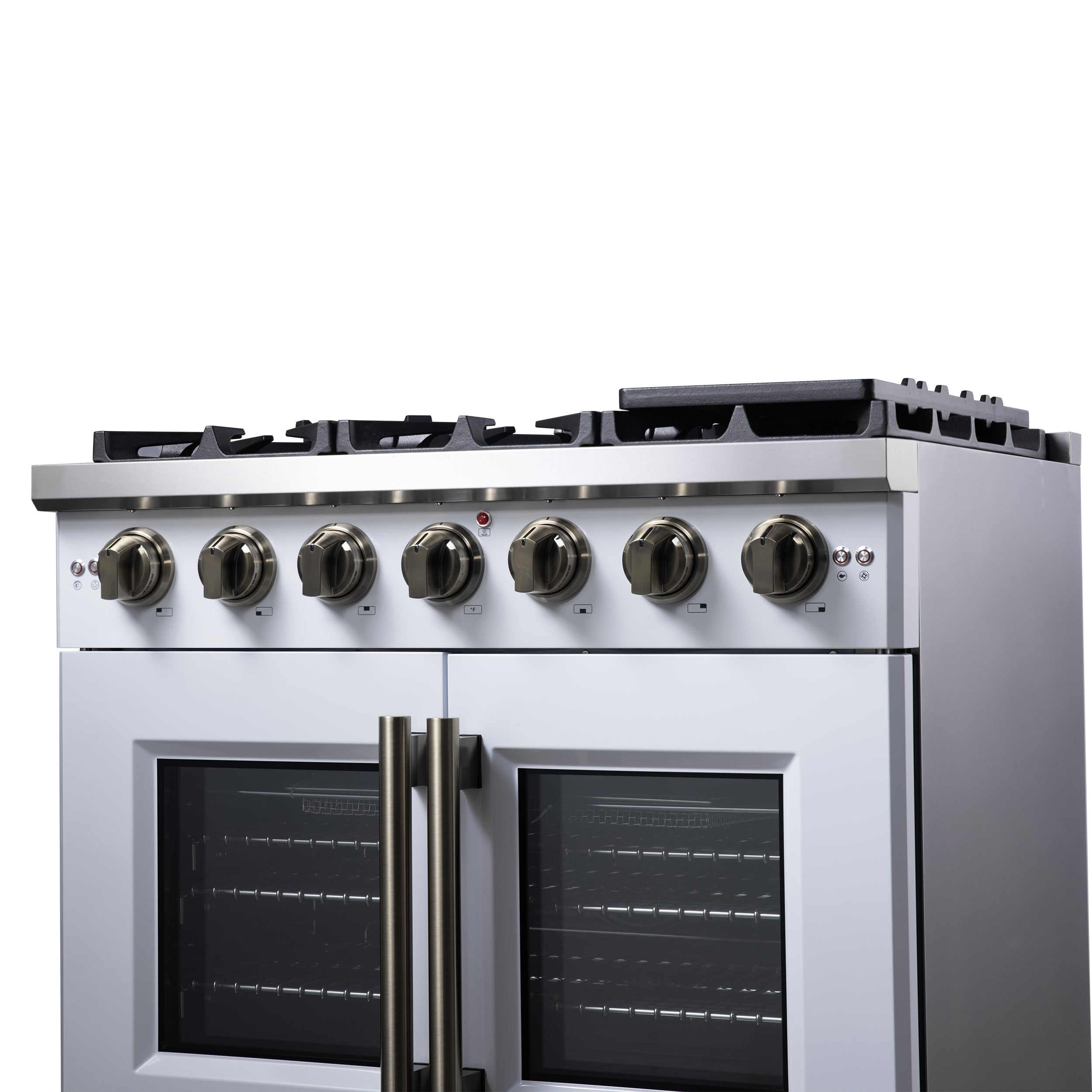 Forno Capriasca 36-Inch Gas Range with French Door Oven, 6 Sealed Burners, 5.36 cu. ft. Capacity, Air Fry Kit, Rotisserie, Wok Ring, Griddle, White with Antique Brass Accents (Model FFSGS6460-36WHT)