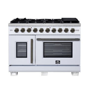 Forno Capriasca 48-Inch French Door Gas Range, 6.58 cu. ft., 8 Sealed Brass Burners, Air Fry Kit, Rotisserie Kit, Wok Support & Griddle, White with Antique Brass Accents (FFSGS6460-48WHT)