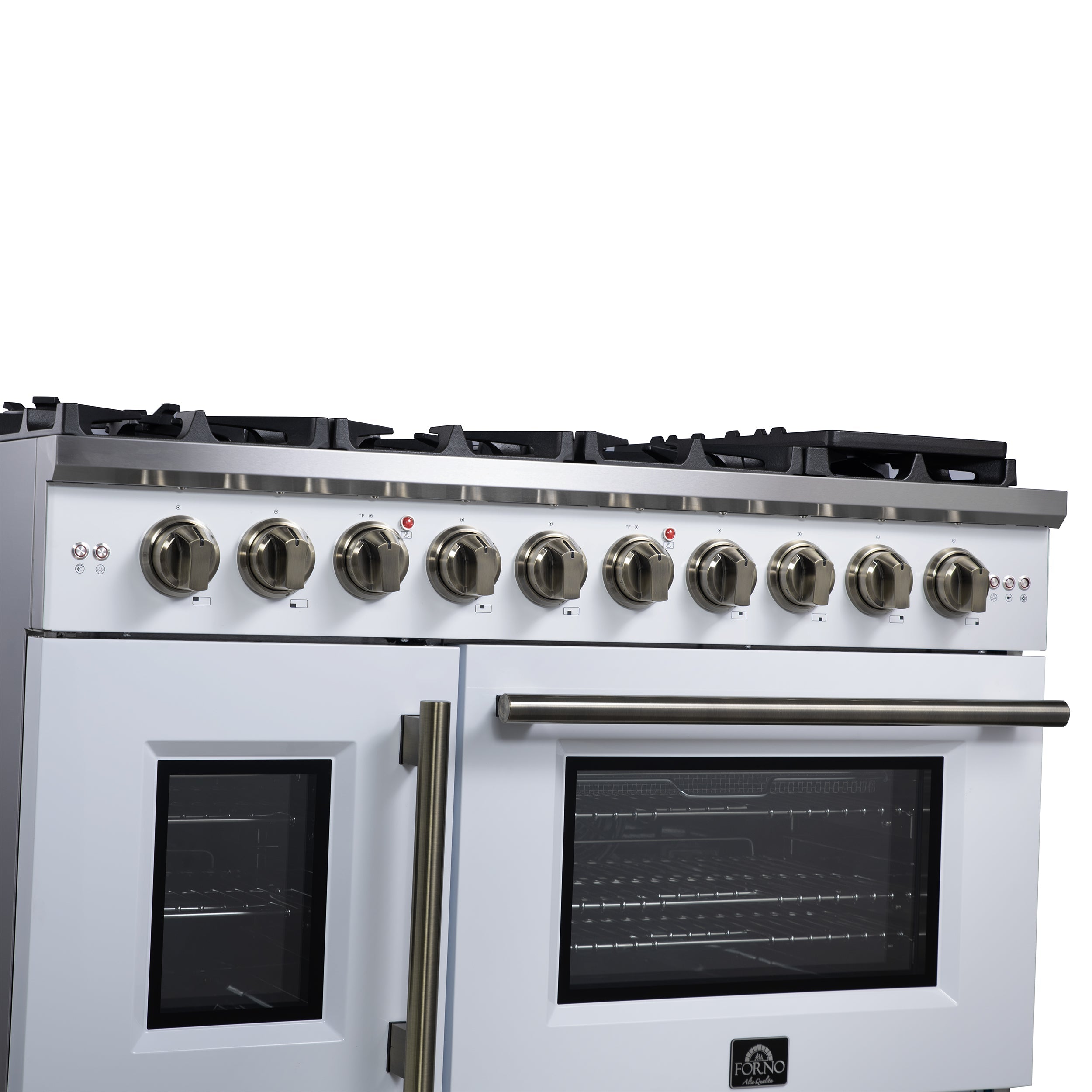 Forno Capriasca 48-Inch French Door Gas Range, 6.58 cu. ft., 8 Sealed Brass Burners, Air Fry Kit, Rotisserie Kit, Wok Support & Griddle, White with Antique Brass Accents (FFSGS6460-48WHT)