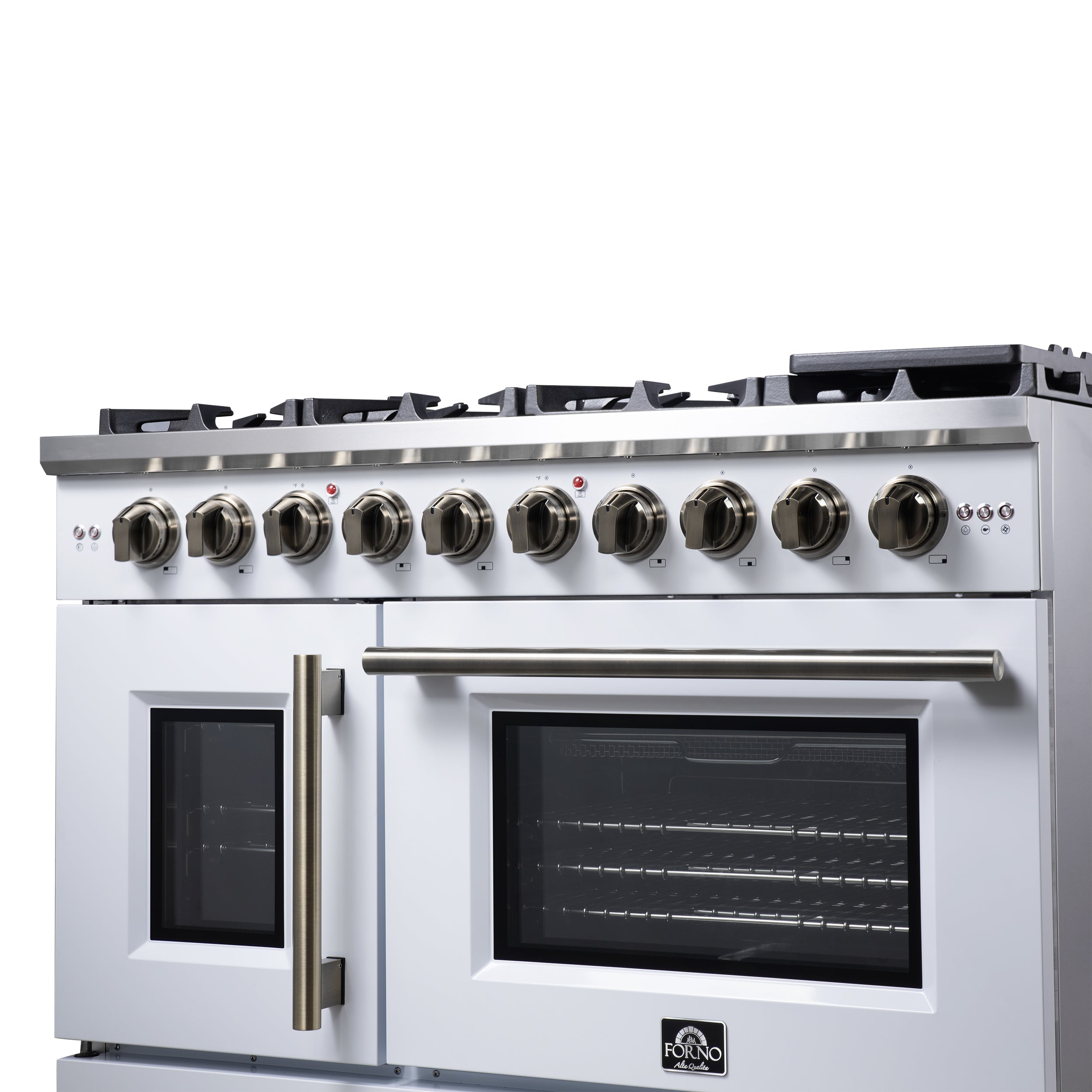 Forno Capriasca 48-Inch French Door Gas Range, 6.58 cu. ft., 8 Sealed Brass Burners, Air Fry Kit, Rotisserie Kit, Wok Support & Griddle, White with Antique Brass Accents (FFSGS6460-48WHT)
