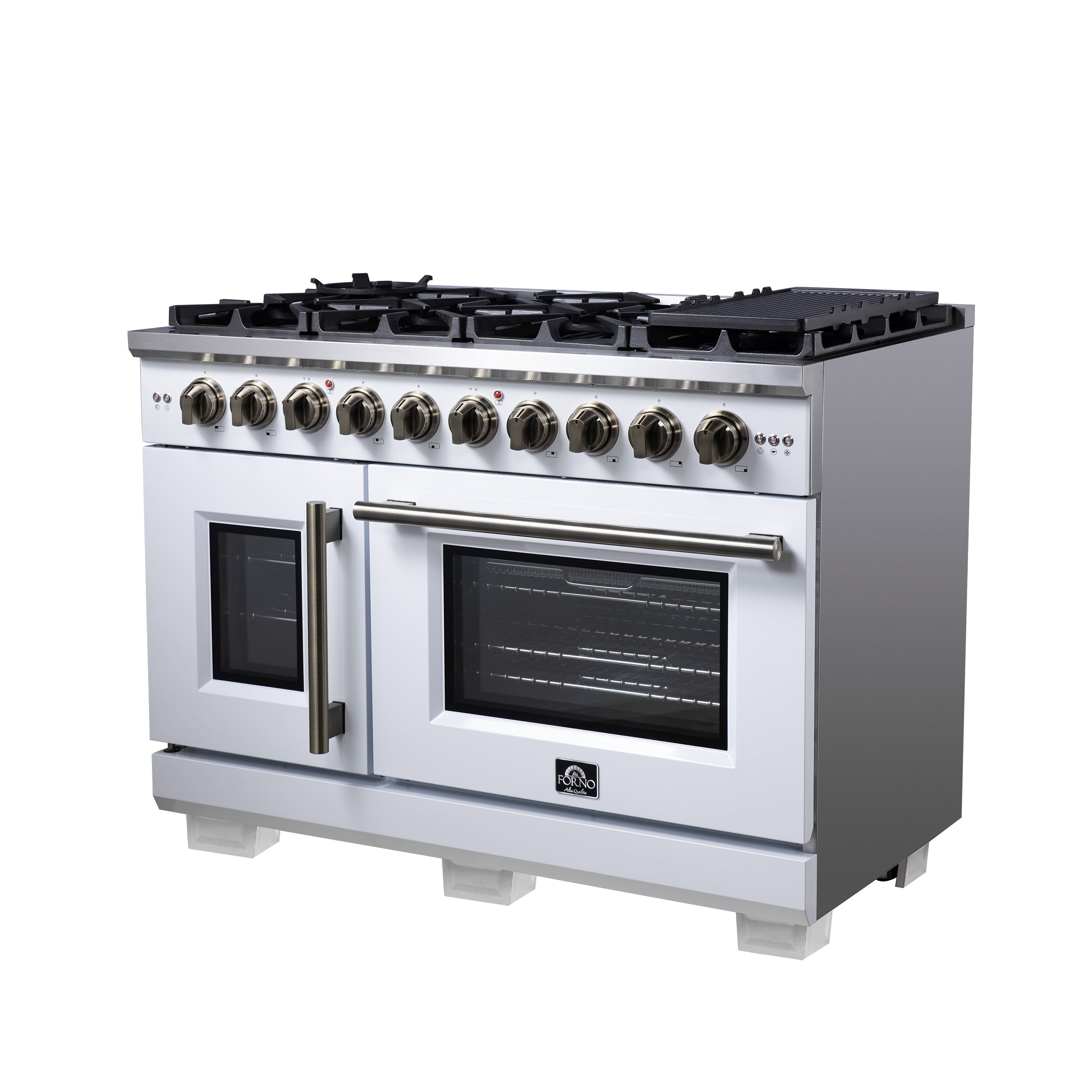 Forno Capriasca 48-Inch French Door Gas Range, 6.58 cu. ft., 8 Sealed Brass Burners, Air Fry Kit, Rotisserie Kit, Wok Support & Griddle, White with Antique Brass Accents (FFSGS6460-48WHT)